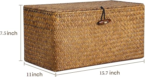 Miniatura 9 de Cesta de almacenamiento decorativa con tapa, juego de 3, contenedores de almacenamiento de hierba marina tejida para estantes para organizar, cestas