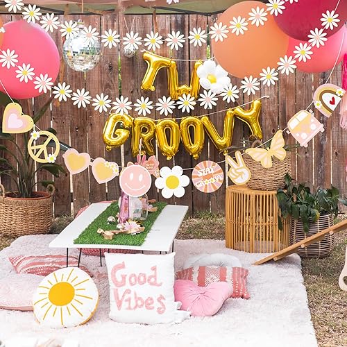 Miniatura 5 de Guirnalda de decoración de fiesta Groovy, 5 unidades, pancarta hippie con margaritas bohemias, decoración de guirnalda de borlas, pompones