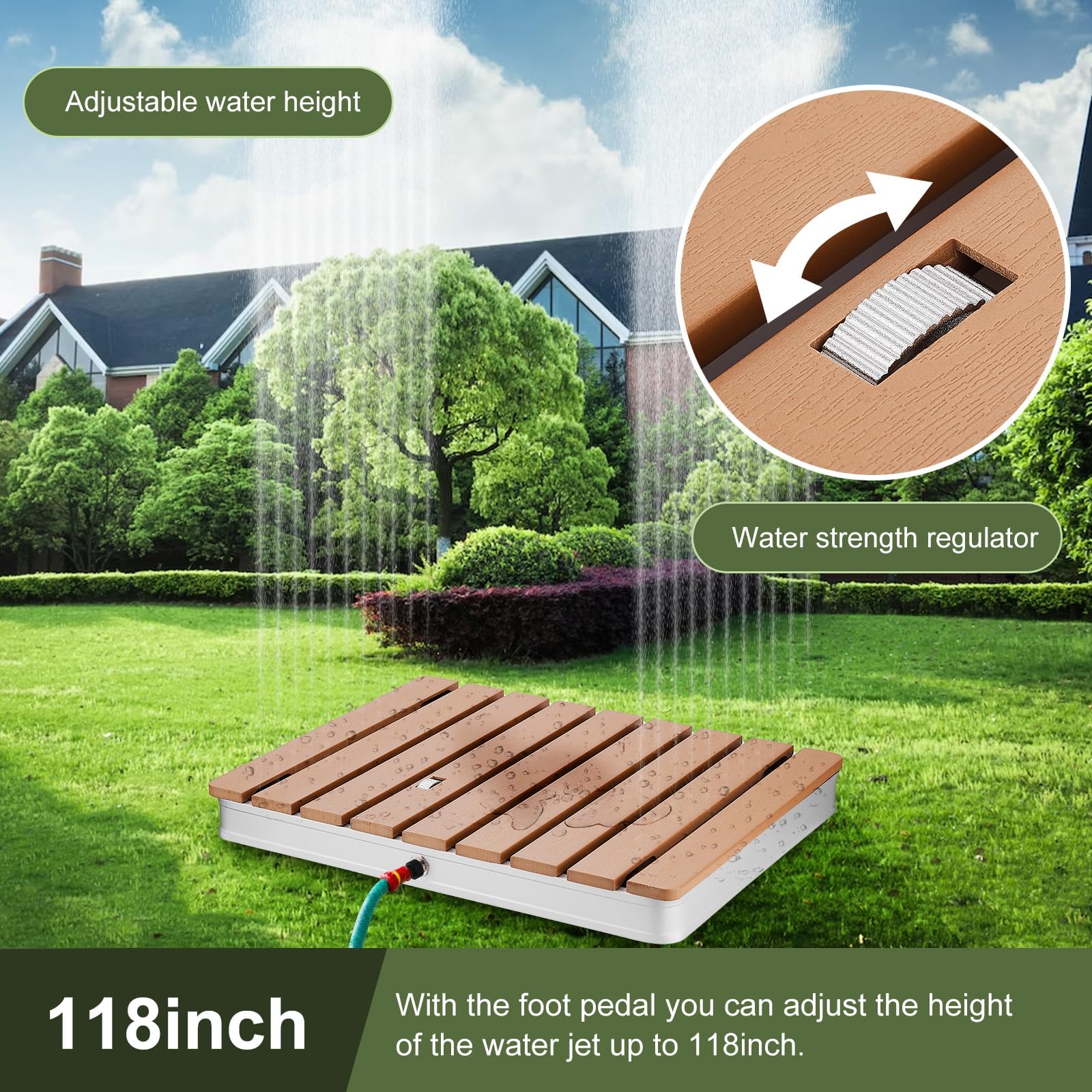 Gartendusche Aussendusche, Bodendusche Outdoor mit Fußrad Einstellbar für Pool Sauna, Fontänenhöhe bis zu 3m, rutschfest, UV & Wetterfest, für Standard Gartenschläuche (Rechteck)