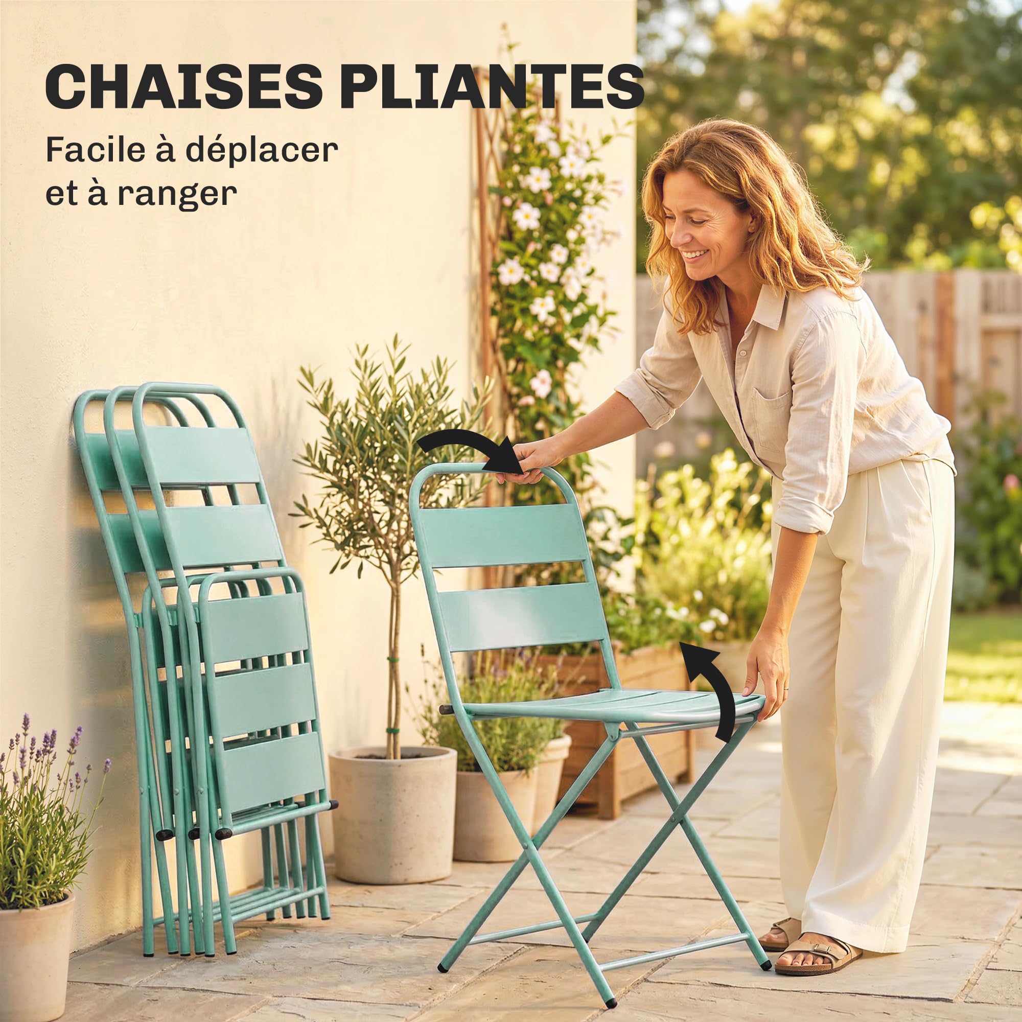Outsunny Ensemble de Salle à Manger Extérieur 5 Pièces, 4 Personnes, Plateau à Lattes, Chaises Pliantes, Cadre Antirouille, Vert Clair