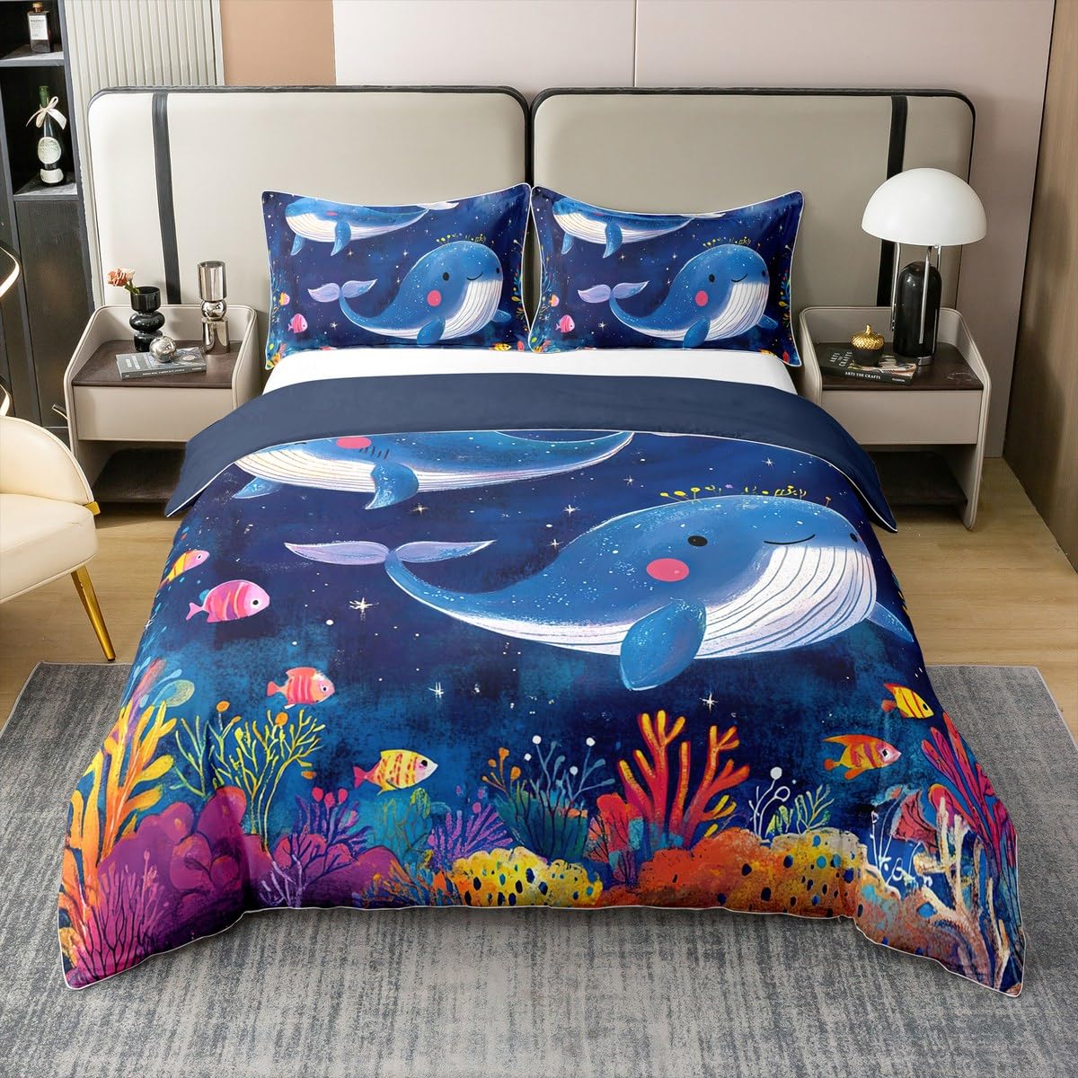Housse de couette coton baleine mignonne parure de lit enfant poisson corail monde marin