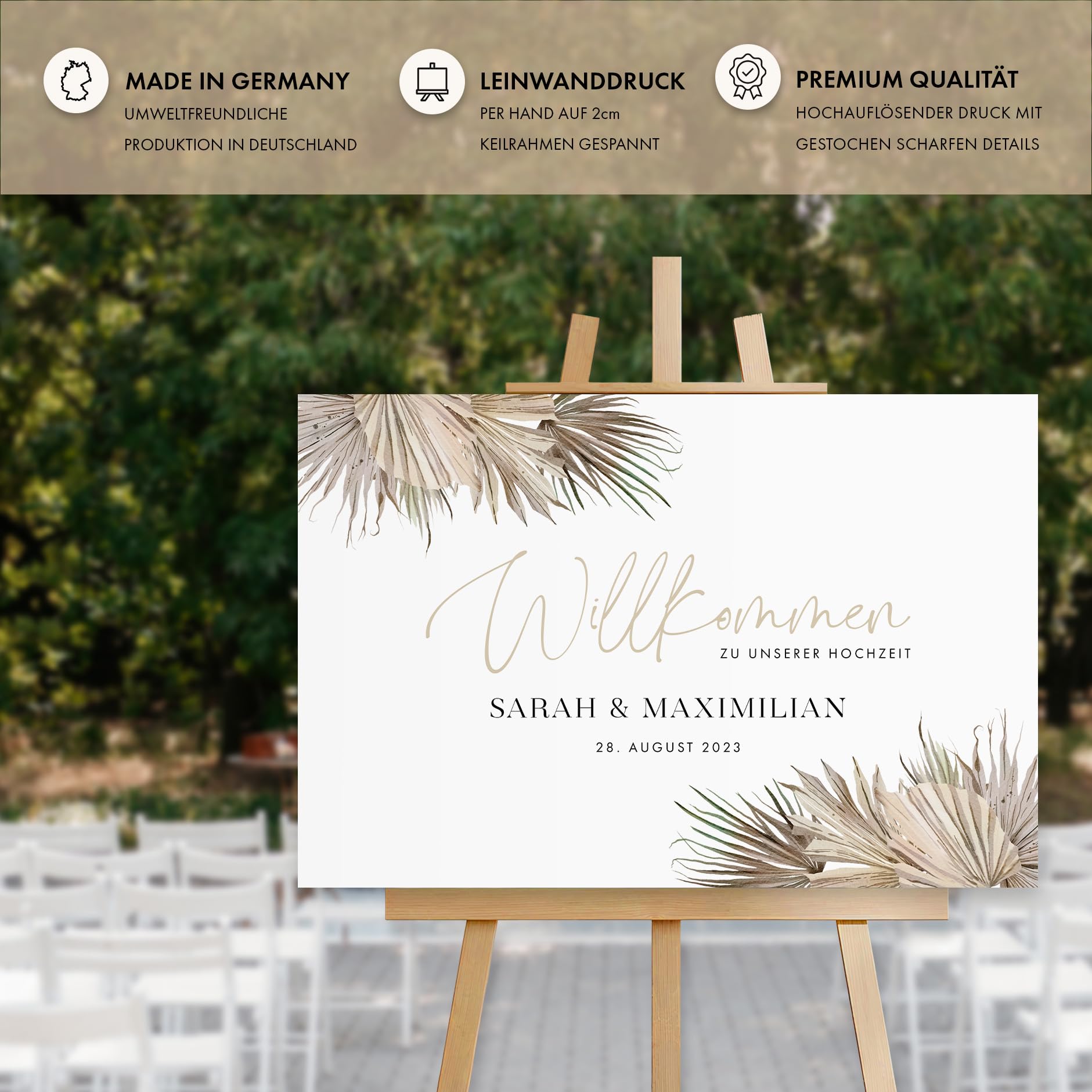 HEI Print Willkommensschild Hochzeit Beige mit Datum und Namen, personalisierte Hochzeitsdeko, Boho Willkommen Schild, Braun, 60x40 (Leinwand)