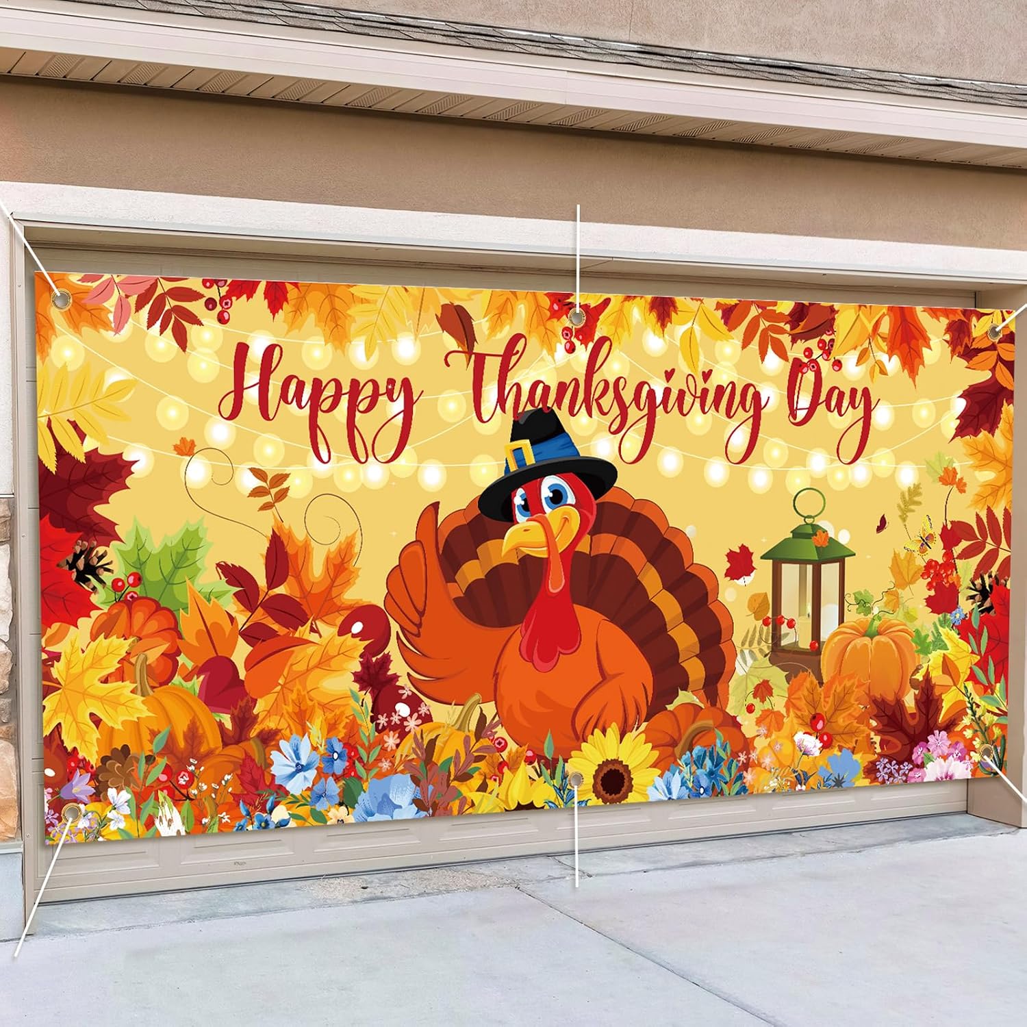 Hosuly 6 x 13ft Fall Garage Door Decoration Banner Thanksgiving Extra Large Happy Thanksgiving Garage Door Cover Fall Turkey Decoration with White Rope Autumn Harvest Wall Hanging for Party