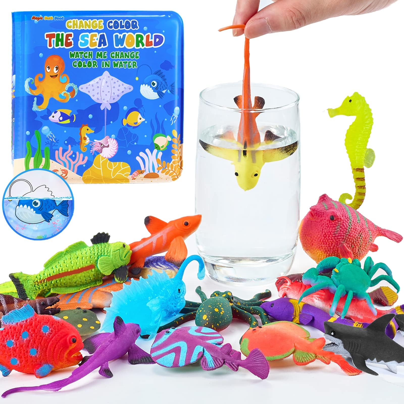 Color Changing No Hole Bath Toys For Toddlers Kids, Change Sea Creatures Ocean Animal & Glow In The Dark Toy With Book(13 Pack), Water Table Rubber Fish Kids Bathtub