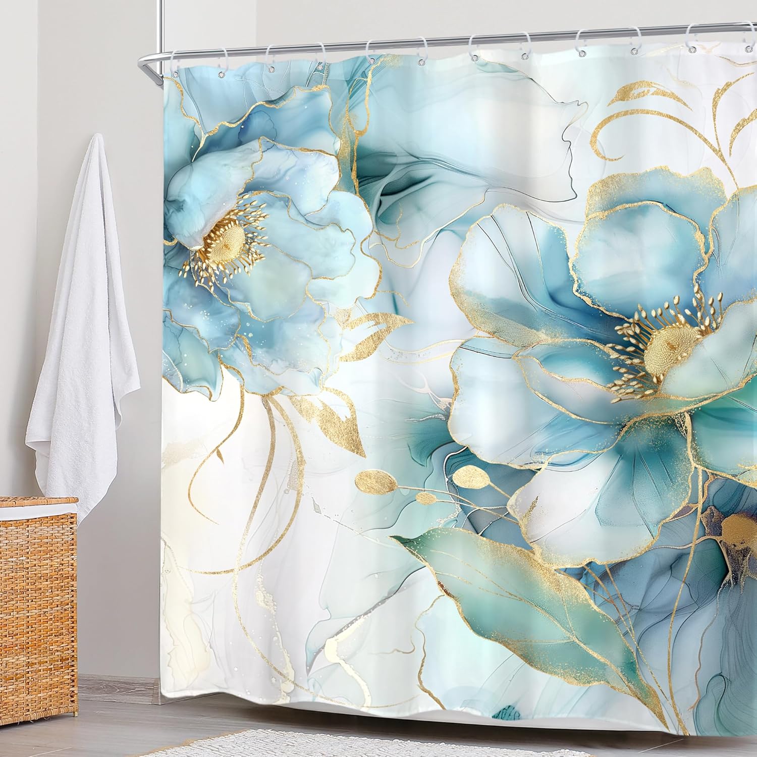 Newsely Marble Shower Curtain 72Wx78L Inch Long Teal Blue Gold Ombre Abstract Floral Luxury Modern Ink Texture Minimalist Bathroom Set Elegant Waterproof Bath Decoration Accessories Home Decor