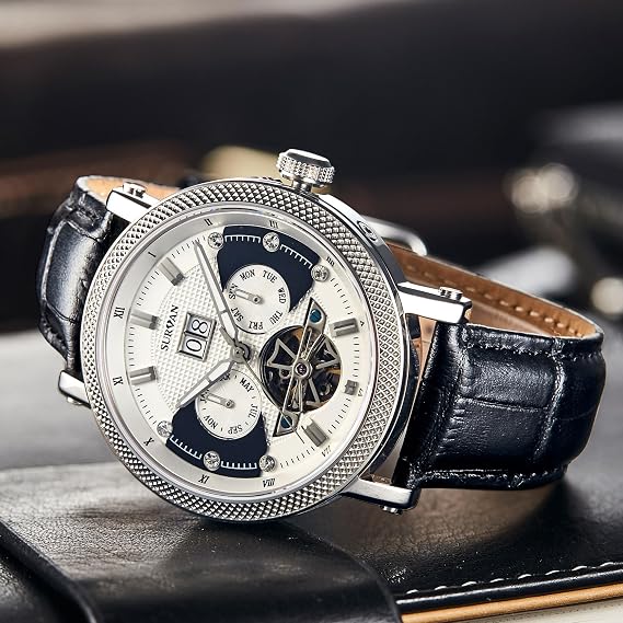 Automatic Watches for Men Ion-Plated Leather Strap | Waterproof Self Winding Mechanical Watch Sapphire Crystal Skeleton Men's Wrist Watches Gift Packaging
