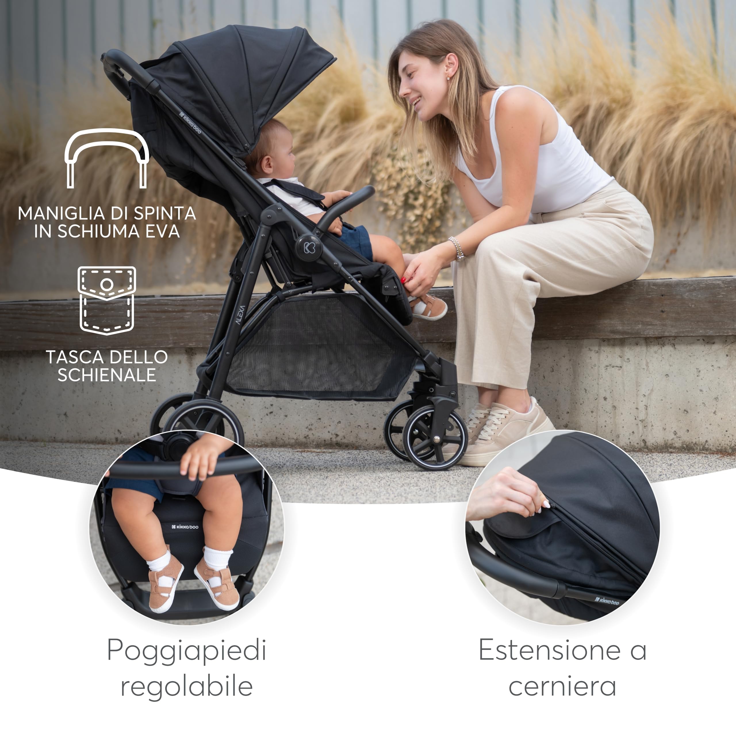 KikkaBoo ALEXA Passeggino Leggero dalla nascita fino a 22 kg, Pieghevole con una mano, Schienale reclinabile, Ruote con sospensioni, Poggiapiedi regolabile, Cintura di sicurezza a 5 punti, Grigio