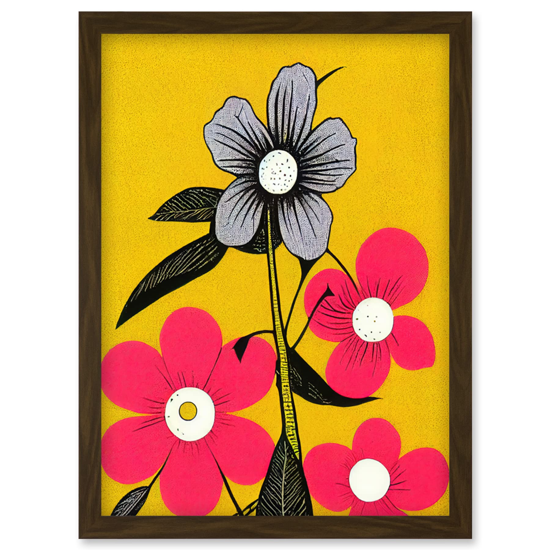 Wee Blue Coo Bold Flowers Linocut Pink and Mustard Yellow Print Artwork Framed Wall Art Print A4