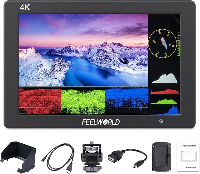 Feelworld T7PLUS DSLR Camera Field Monitor 7 Inch 3D LUT Waveform Vector Scope 1920x1200 4K HDMI Input output Metal Material with Sunshade and Mini Ball Head Handheld Stabilizer
