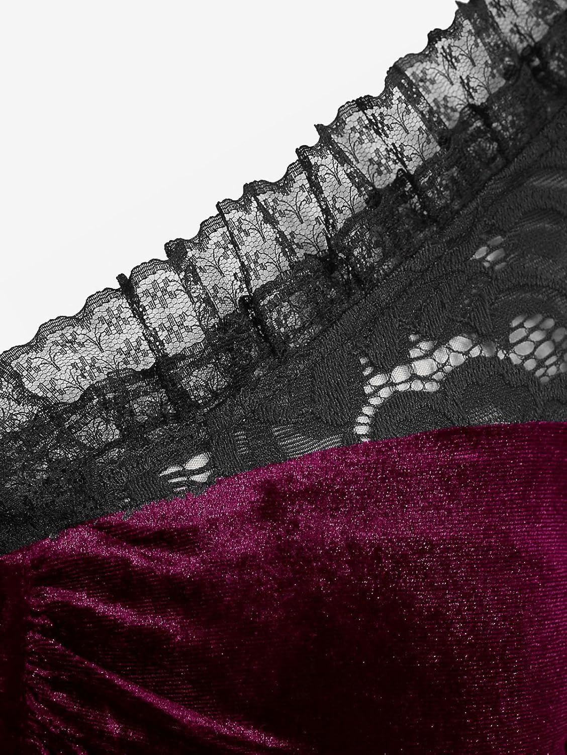 ROSE GAL Rosegal Women Plus Size Romantic Gothic Lace-up Lace Panel Ruched Bell Sleeves Velvet Tee - Image 5