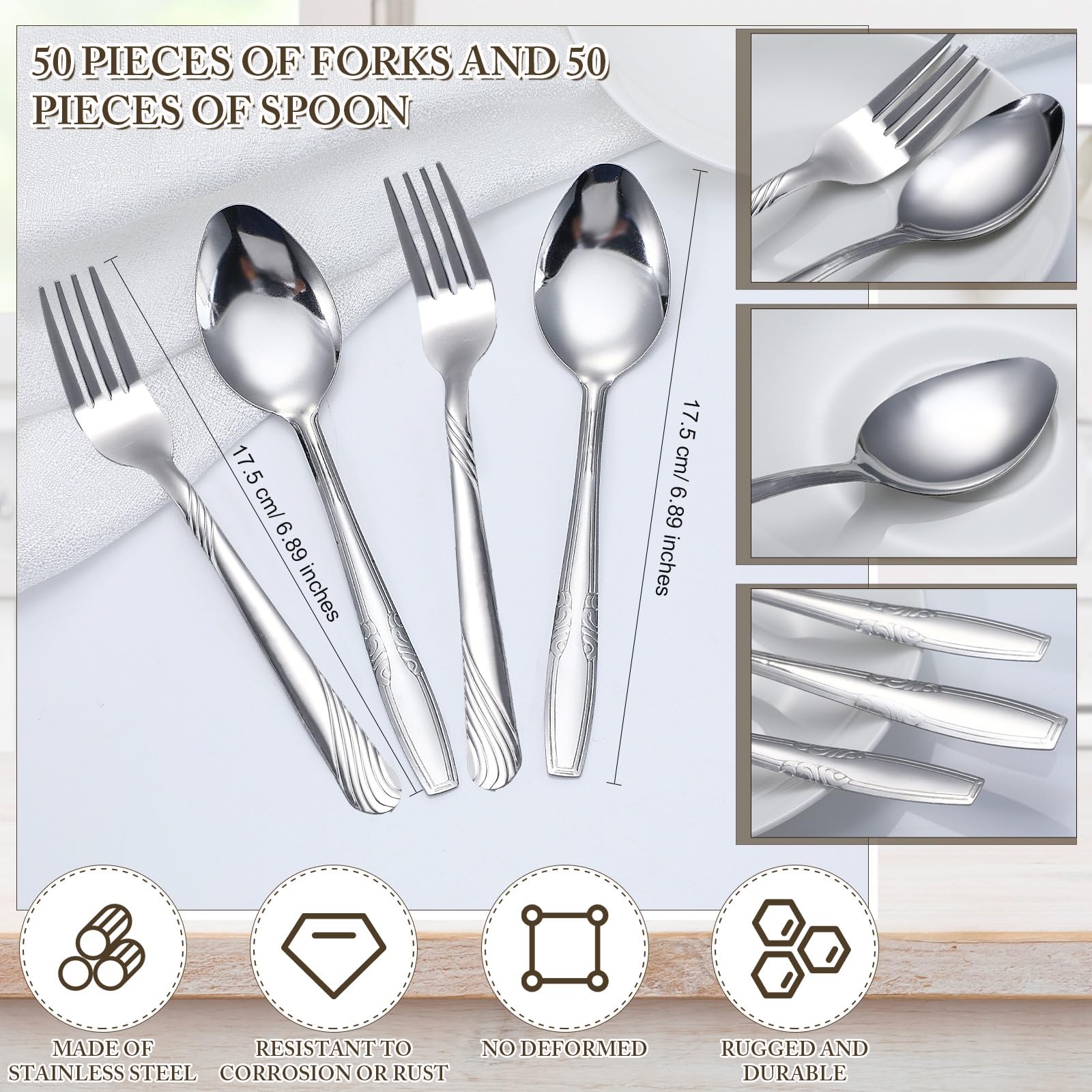 Juego de cubiertos de 100 piezas de tenedores y cucharas de acero inoxidable, tenedores y cucharas pulido para lavavajillas, utensilios para cocina, restaurante o hogar 2
