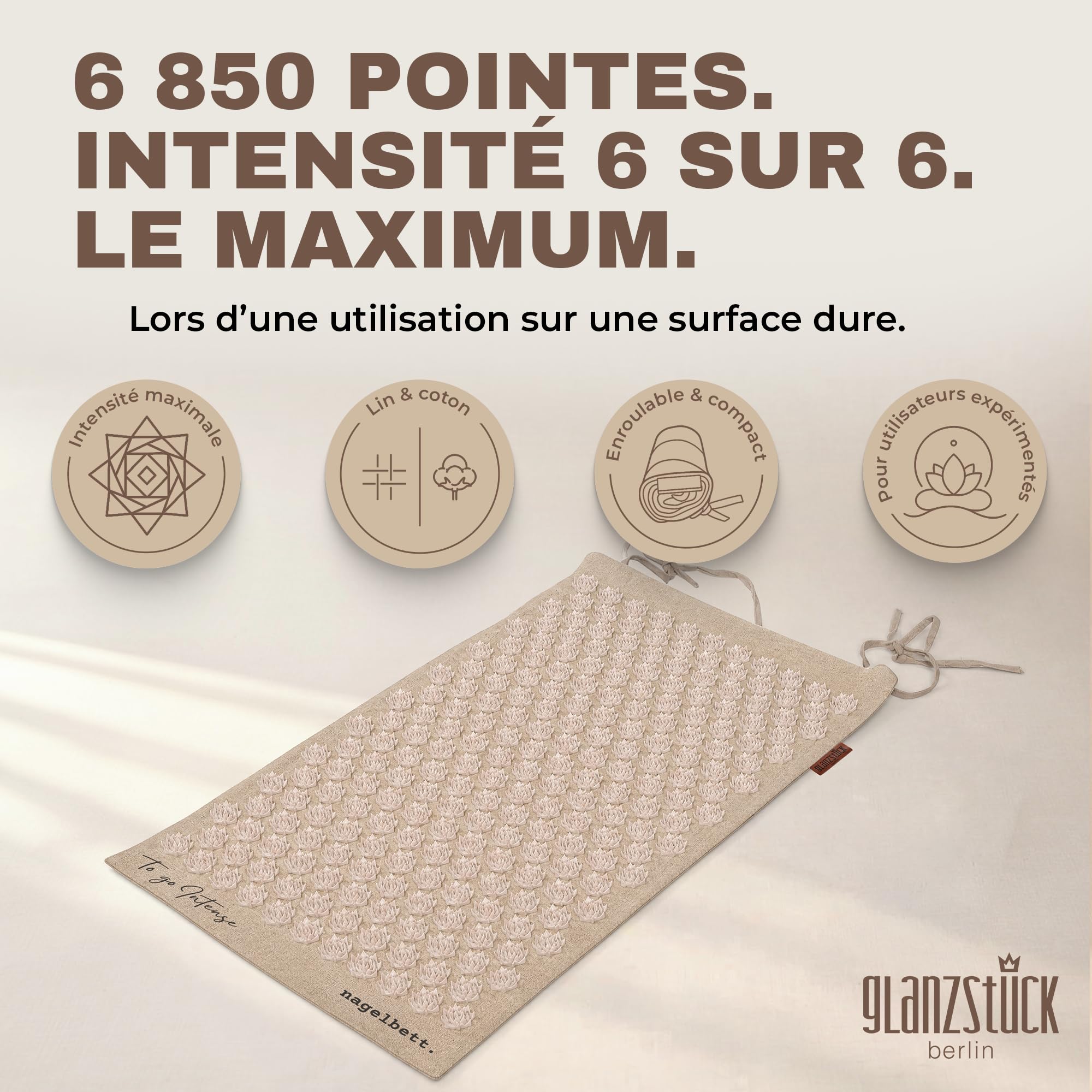 Glanzstück Berlin® Health Collection - Tapis d'acupression XL TO GO Intense en lin - Aide à soulager les tensions et les maux de dos - Tapis de massage avec sac - Durable