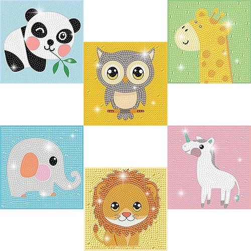 Vista 11 de DIYGEMDOT Paquete de 6 kits de arte de diamantes para niños, lindos animales pintura de diamantes para principiantes, arte de gemas DIY 5D para Y004