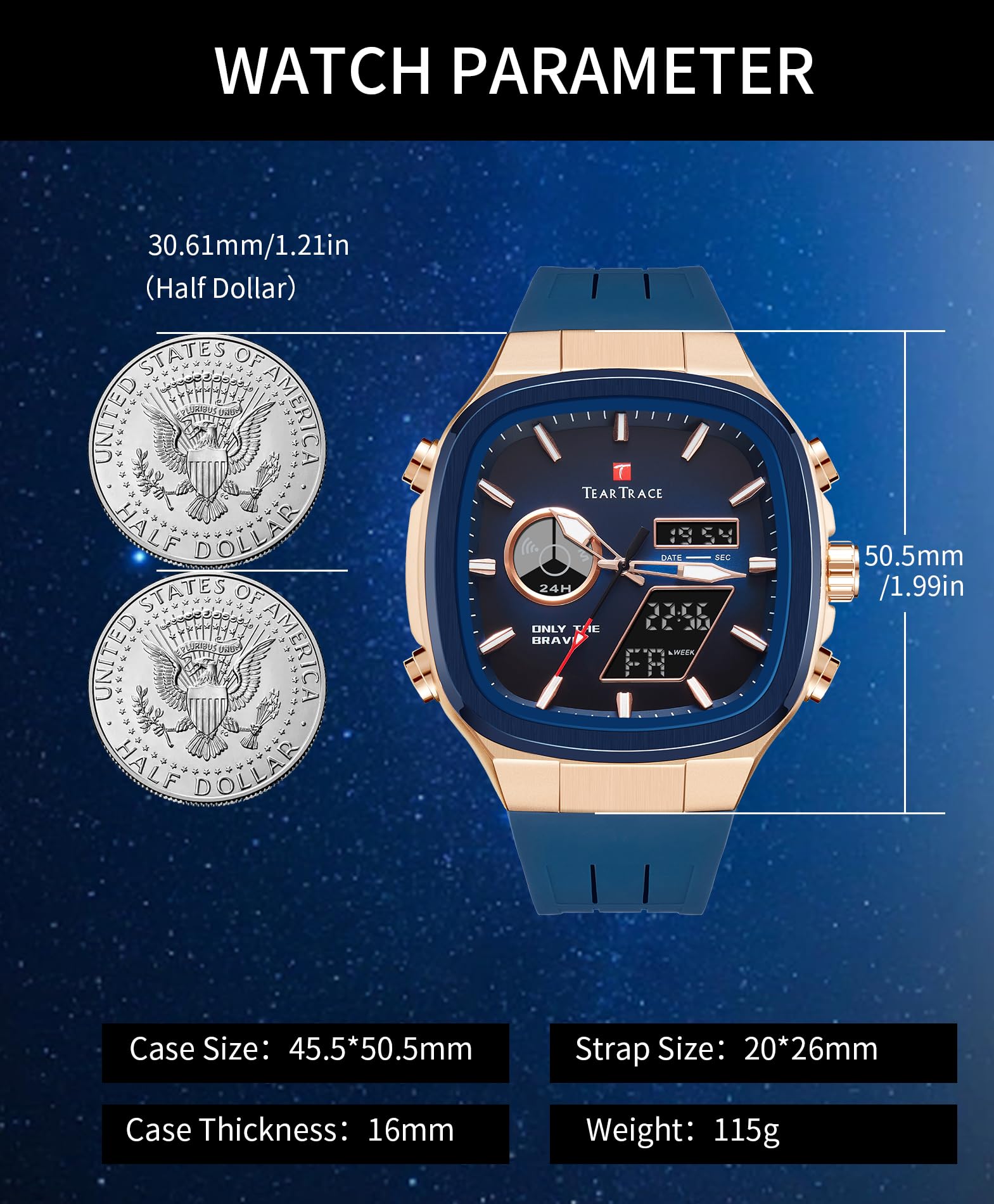TEARTRACE Montre de sport pour homme - Analogique et numérique - Étanche - Chronographe - Alarme - Multifonctionnelle - Bracelet en silicone