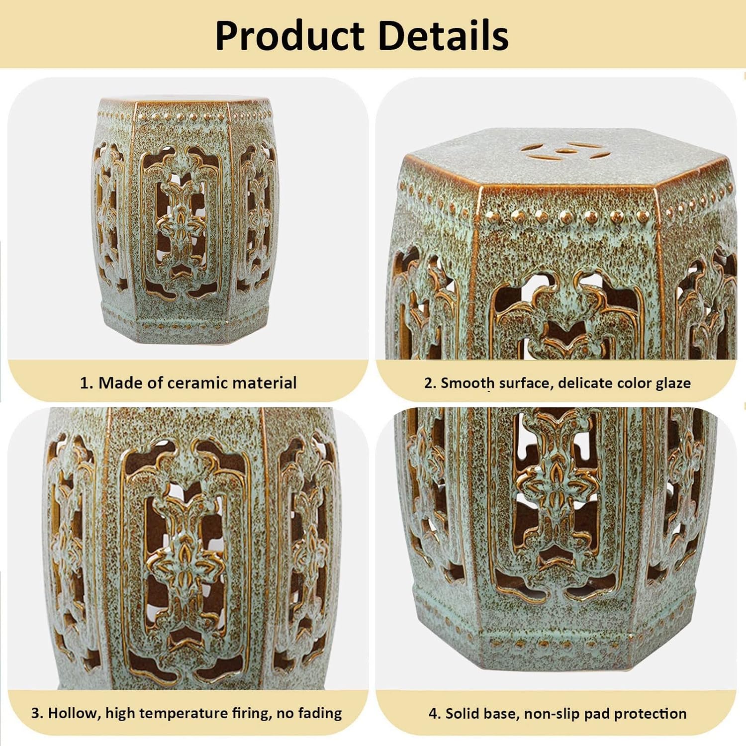Drum Stool,Garden Stool, Decorative Ceramic Garden Stool, Kiln Green Six-Sided Hollow Shoe Changing Stool Drum Stool, Suitable for Outdoor Garden, Living Room, Terrace, Etc.