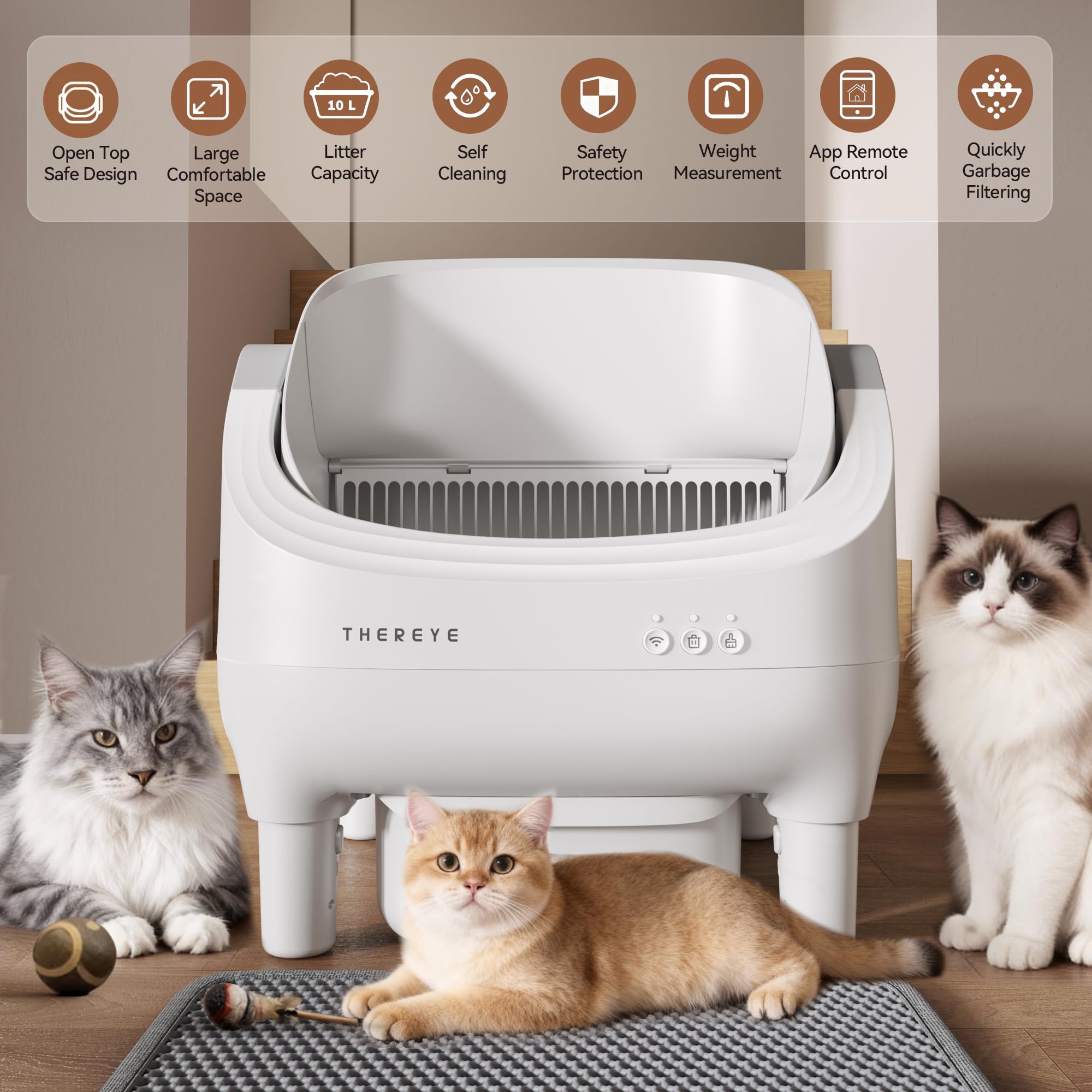 Thereye Litiere Chat Autonettoyante avec Design Ouvert, Litiere Automatique avec App/Ultra Sûr/Anti-Pincement/Anti-Odeur/Silencieux, Idéale pour Les Grands Chats, Convient pour Les Foyers de Plusieurs