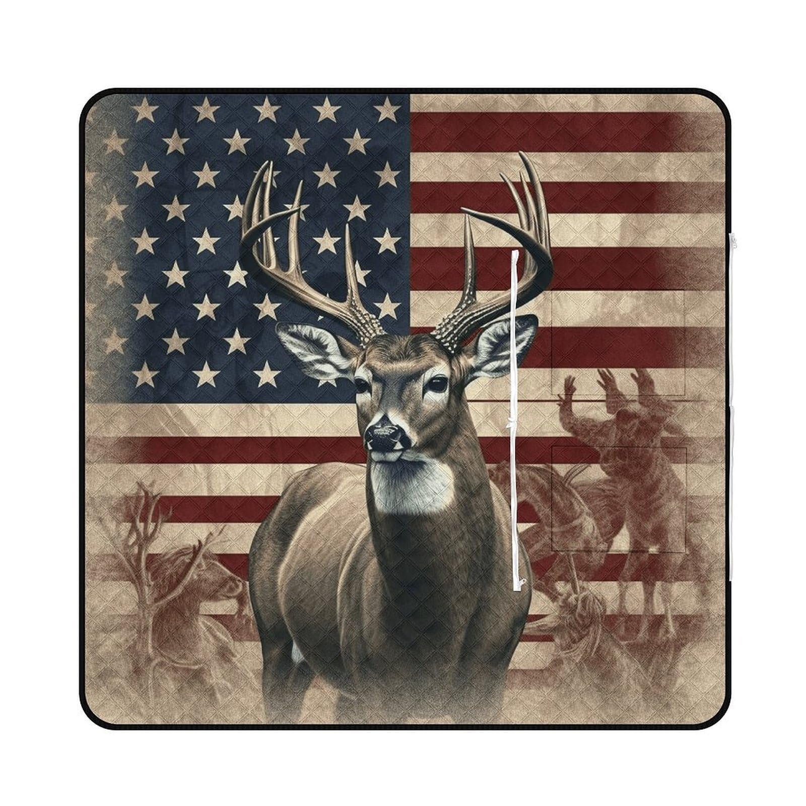 VstaDank Americana Flag Deer Picnic Mat 150x150cm Extra Large Picnic Blanket with Zipper Waterproof Sandproof Beach Blanket Portable Beach Mat Foldable Camping Blankets for Park Grass Lawn Travel