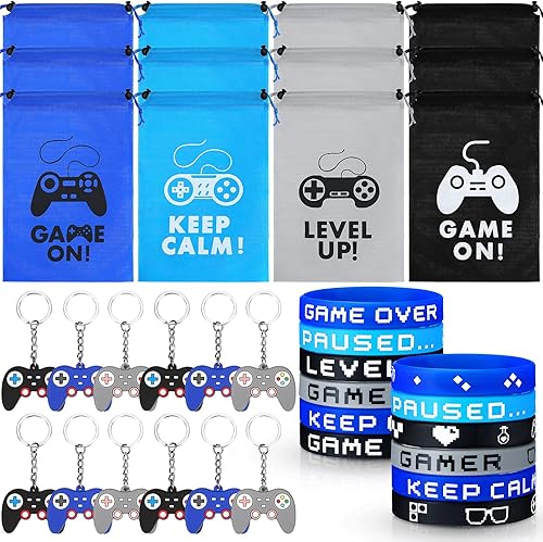 Jexine 36 piezas de recuerdos de fiesta de videojuegos incluyen 12 bolsas con cordón para jugadores, 12 pulseras para jugadores y 12 controladores