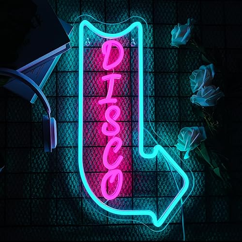 Miniatura 2 de Looklight Letreros de neón de discoteca para decoración de pared, letrero de luz LED rosa y azul, flecha apuntando a la derecha, luz de neón con luz