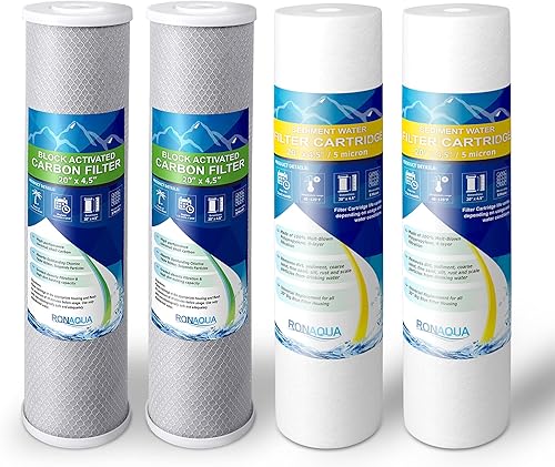 2 bloques de carbono de cáscara de coco de alta capacidad y 2 cartuchos de filtro de agua de sedimento de polipropileno de 5 micrones de 4.5 x 20