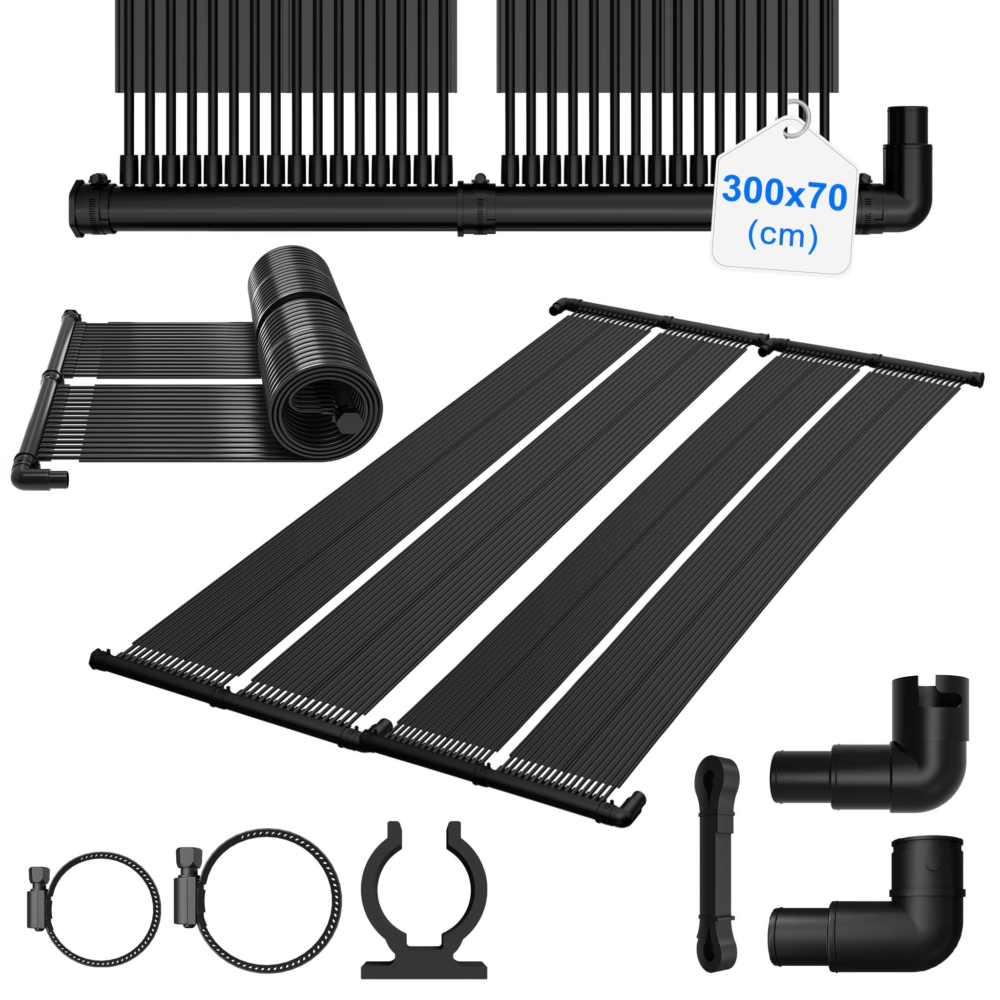 300 x 70 cm, colector solar de calefacción, calefacción solar negra, panel solar ampliable, calefacción solar para estanque, 2,1 m², alfombrilla solar para piscinas, piscina y agua caliente