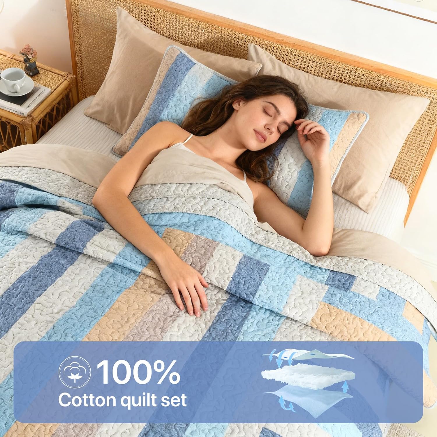 Twin Size Seersucker Quilt Set - 100% Cotton Blue Stripe Reversible Comforter Coverlet Bedspread (68"x90" with 1 Sham)