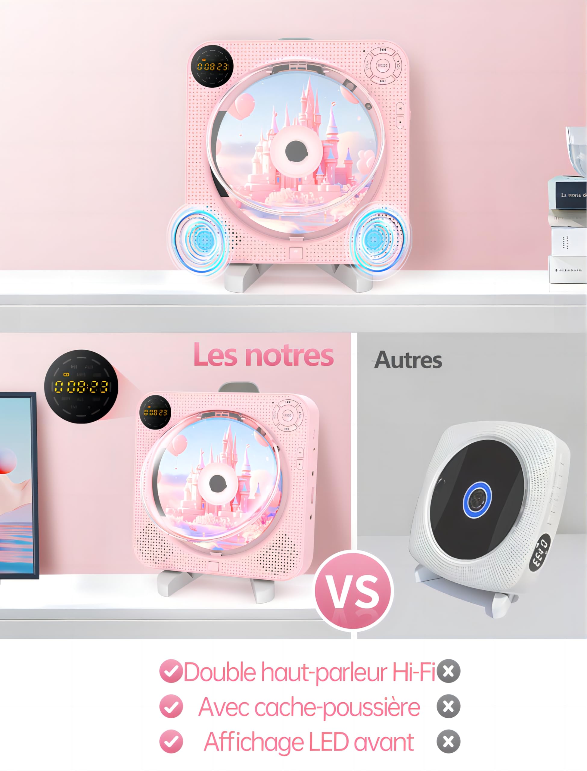 Arafuna Lecteur CD Portable, Bluetooth CD Player pour la Maison avec Haut-parleurs, écran LCD et télécommande, Aupports FM Radio/AUX in/USB/Headphone Jack