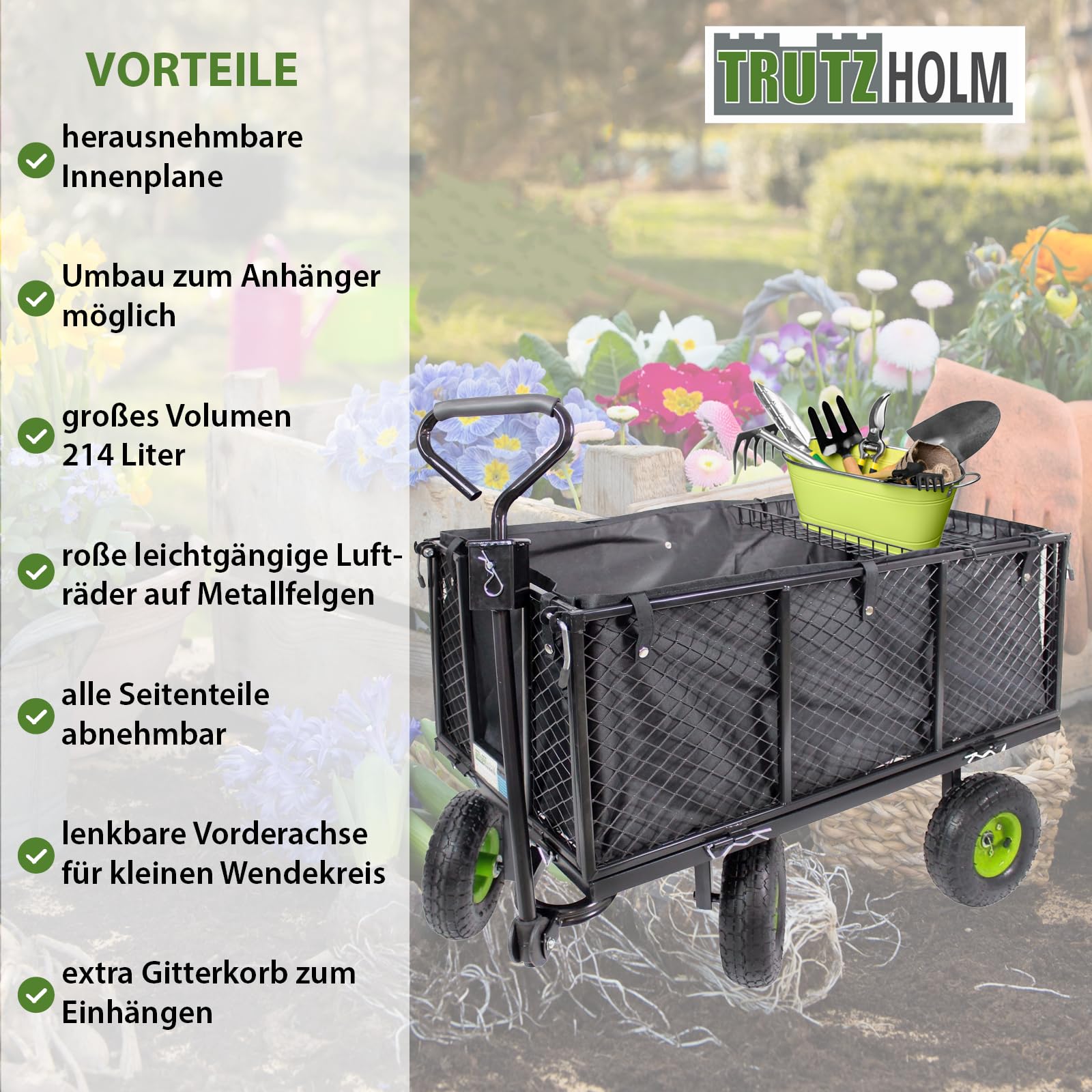 TRUTZHOLM Bollerwagen herausnehmbare Plane bis 550kg belastbar Handwagen Gitterwagen Gartenwagen Transportwagen | mit Rasentraktorkupplung an der Deichsel oder Handgriff gepolstert