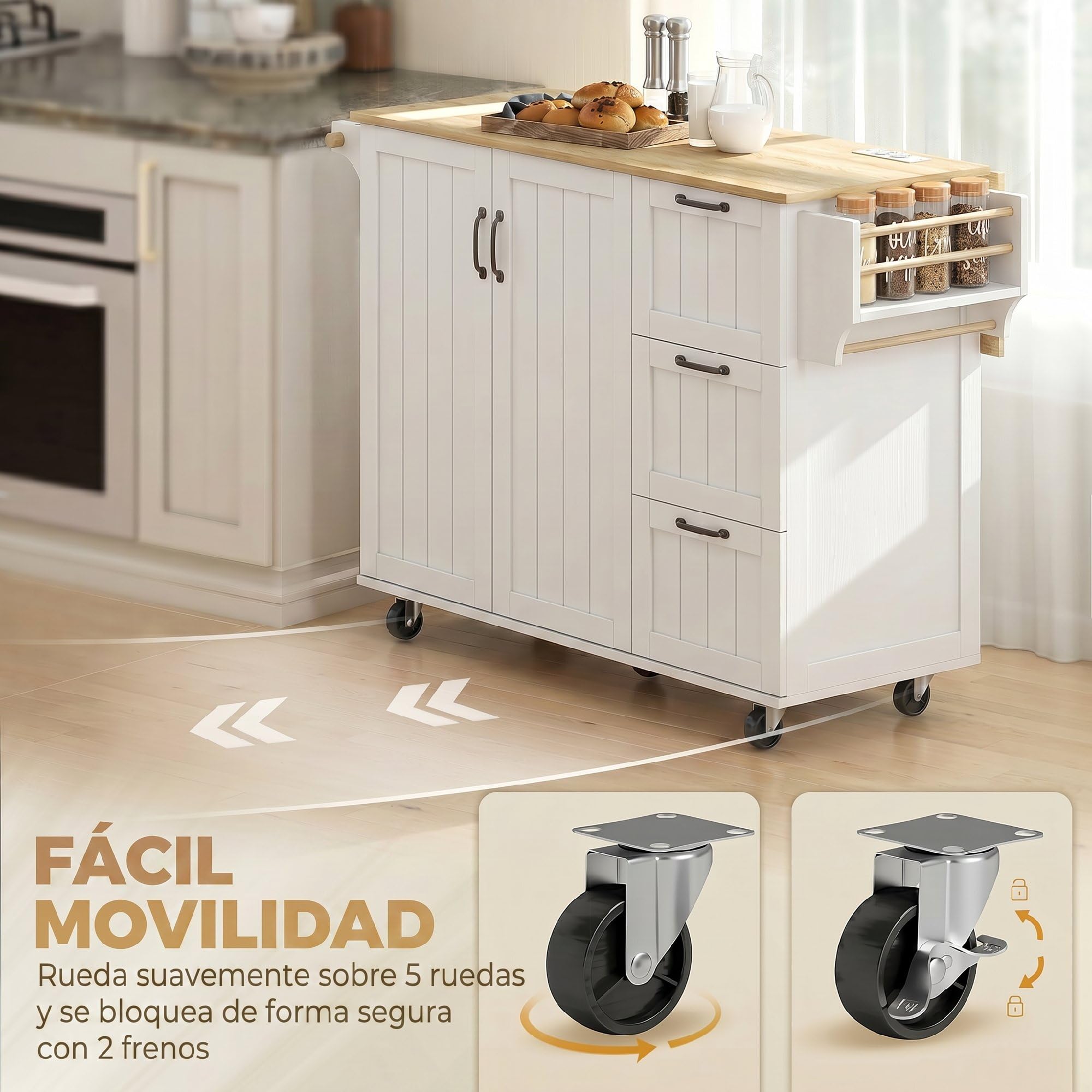 HOMCOM Isla de Cocina con Encimera Extensible y Estación de Carga, Carro de Cocina con Ruedas, 2 Puertas, 3 Cajones, Estantes Ajustables, Especiero y Toallero, Blanco