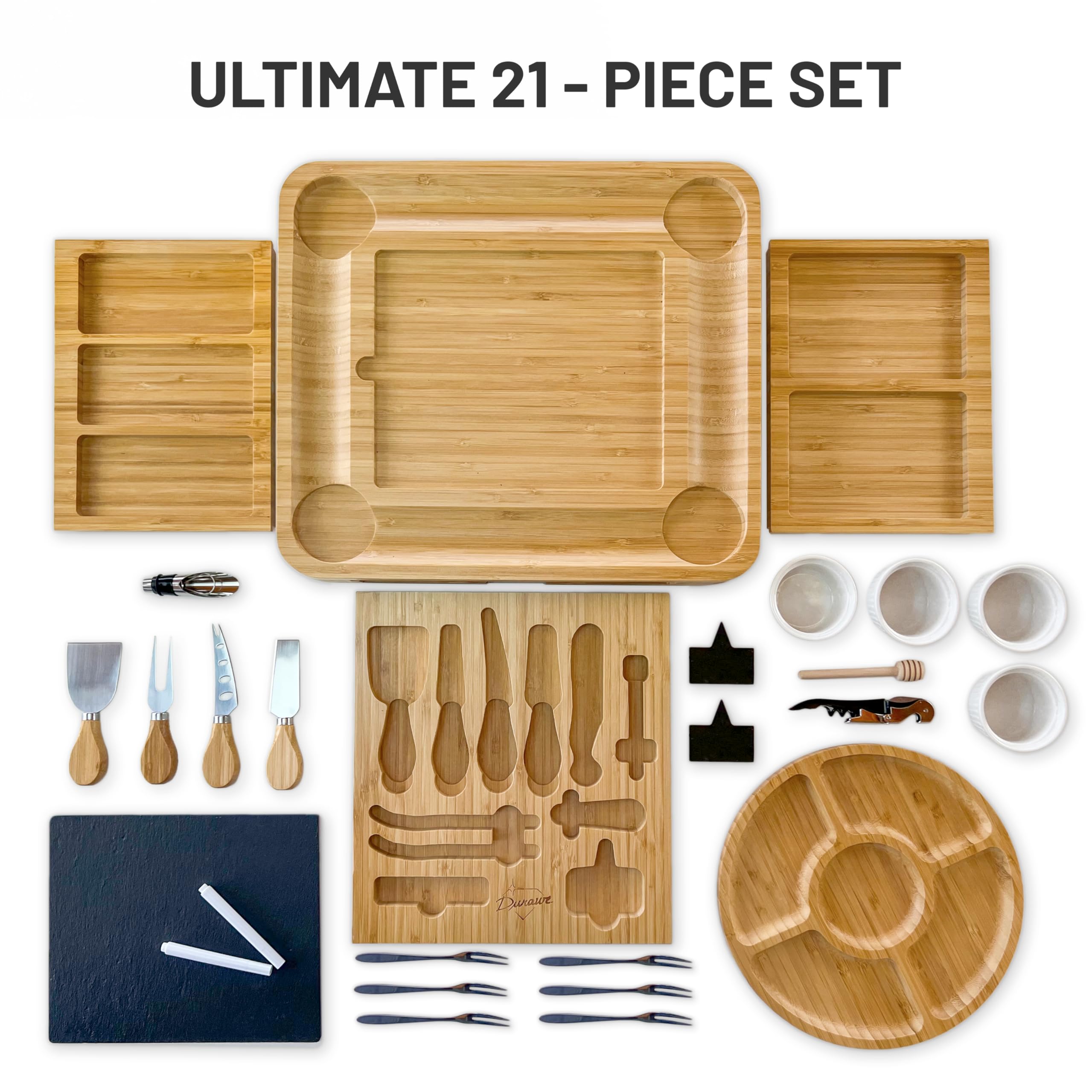 Tagliere in Bambù per Formaggi e Set di Coltelli, Ciotole di Ceramica e Apribottiglie - Tagliere Salumi Legno, Ideale per Serate Gourmet, Regali di Compleanno, Regali di Natale per Donne, Extra Grande