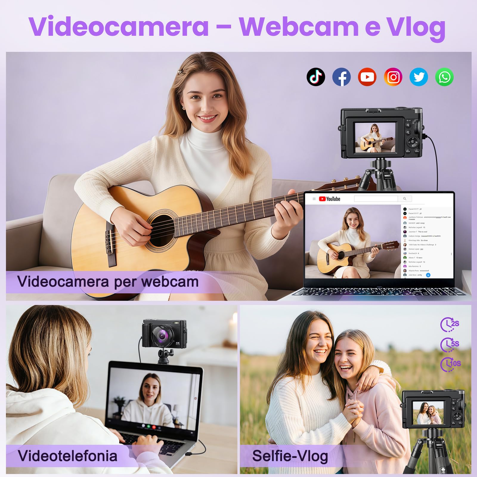 Fotocamera Digitale 4K 64MP WiFi Zoom 16X Schermo Girevole 180° Autofocus per Vlog e Selfie, Compatta con Scheda 32GB, 2 Batterie e Caricabatterie, Ideale per Principianti