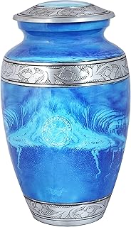 Hind Handicrafts Floral Silver Engraved Cremation Urn for Human Ashes Adult - Handcrafted Funeral Memorial Ashes Urn - Large Columbarium Urn - Bag Included (Sea Blue)