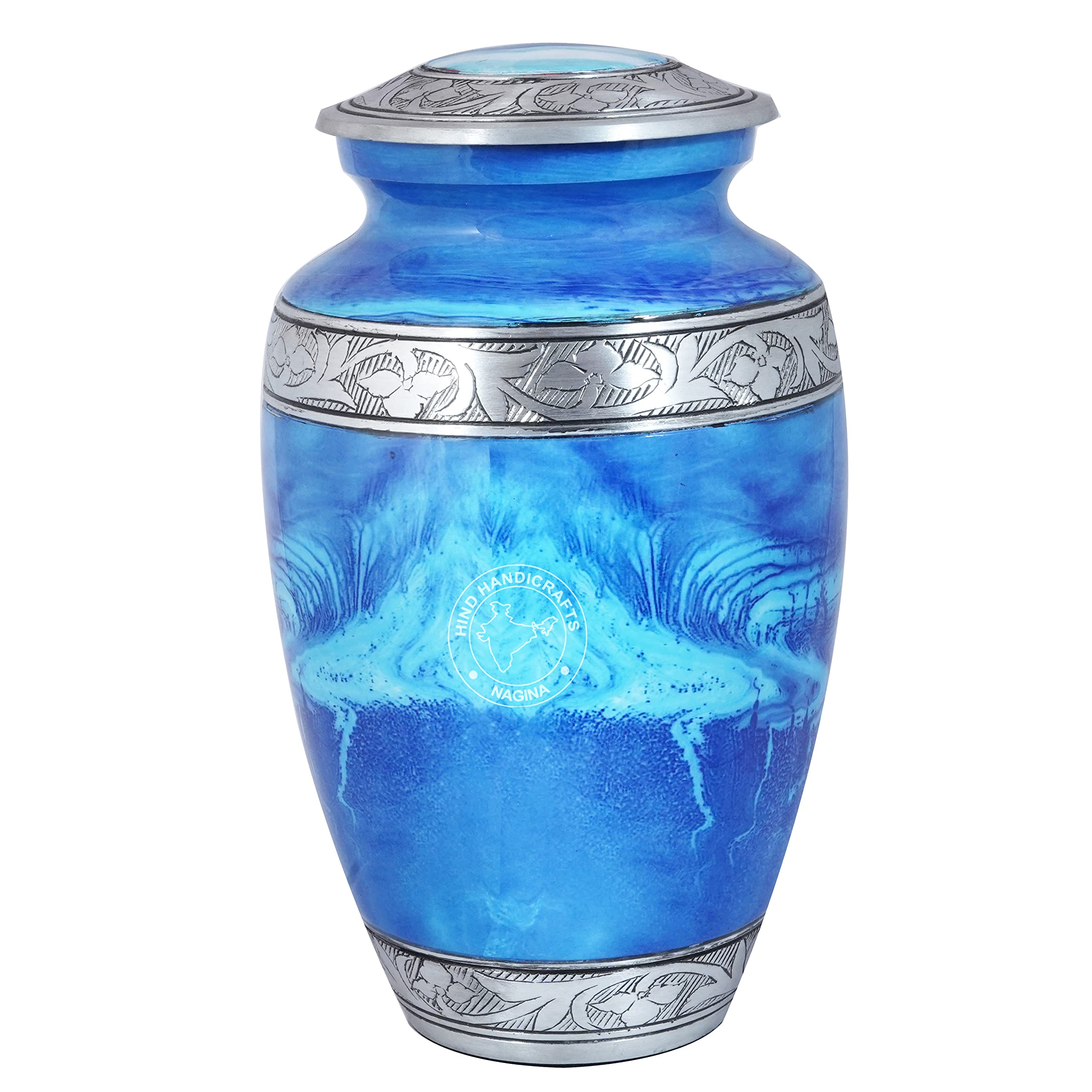 Urne funéraire florale gravée en argent pour cendres humaines adultes – Urne funéraire funéraire fabriquée à la main – Grande urne Columbarium – Sac inclus (bleu mer)