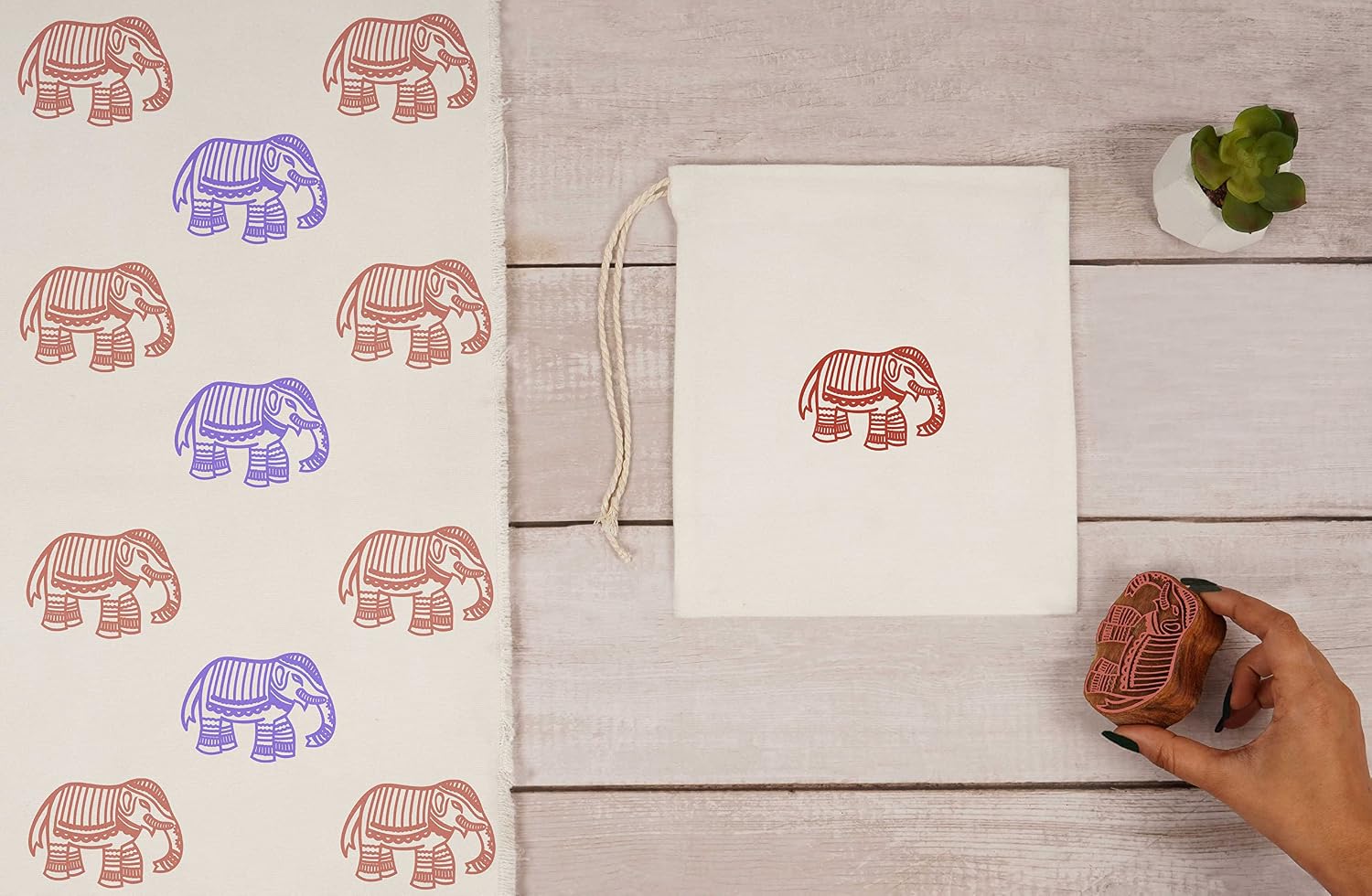 Textile Printing Block Elephant Hand Carved Wooden Stamp Wood Block Printing Textile Stamps for Fabric/Pottery Blocks- 6 Inch