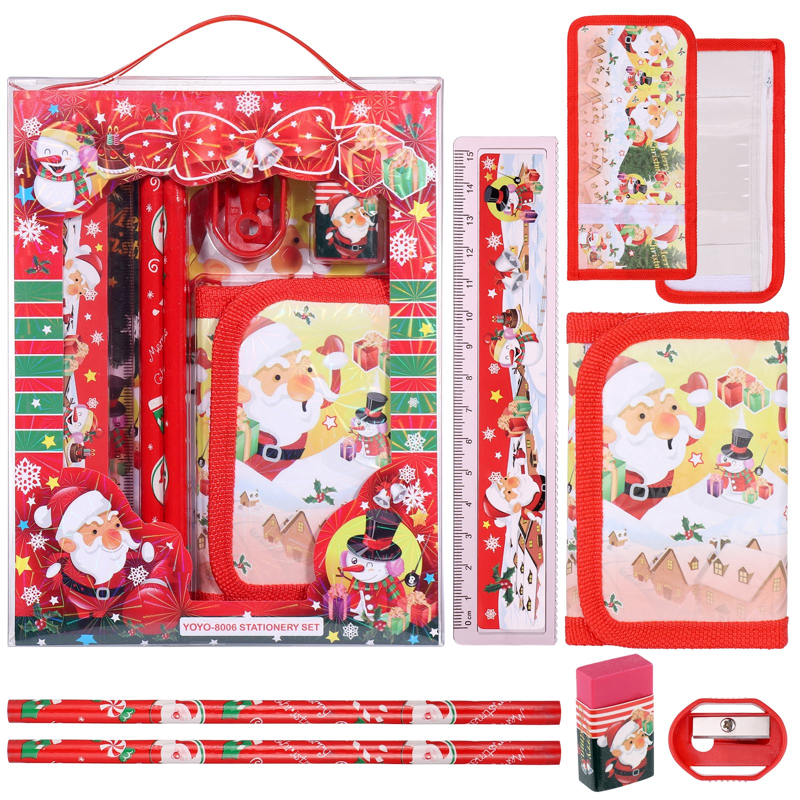 JIANTA Set de Papelería de Navidad, Set de Papelería Escolar Incluye 2 Lápices, Monedero, Regla, Borrador y Sacapuntas, Regalos de Cumpleaños de Navidad para Niñas y Niños