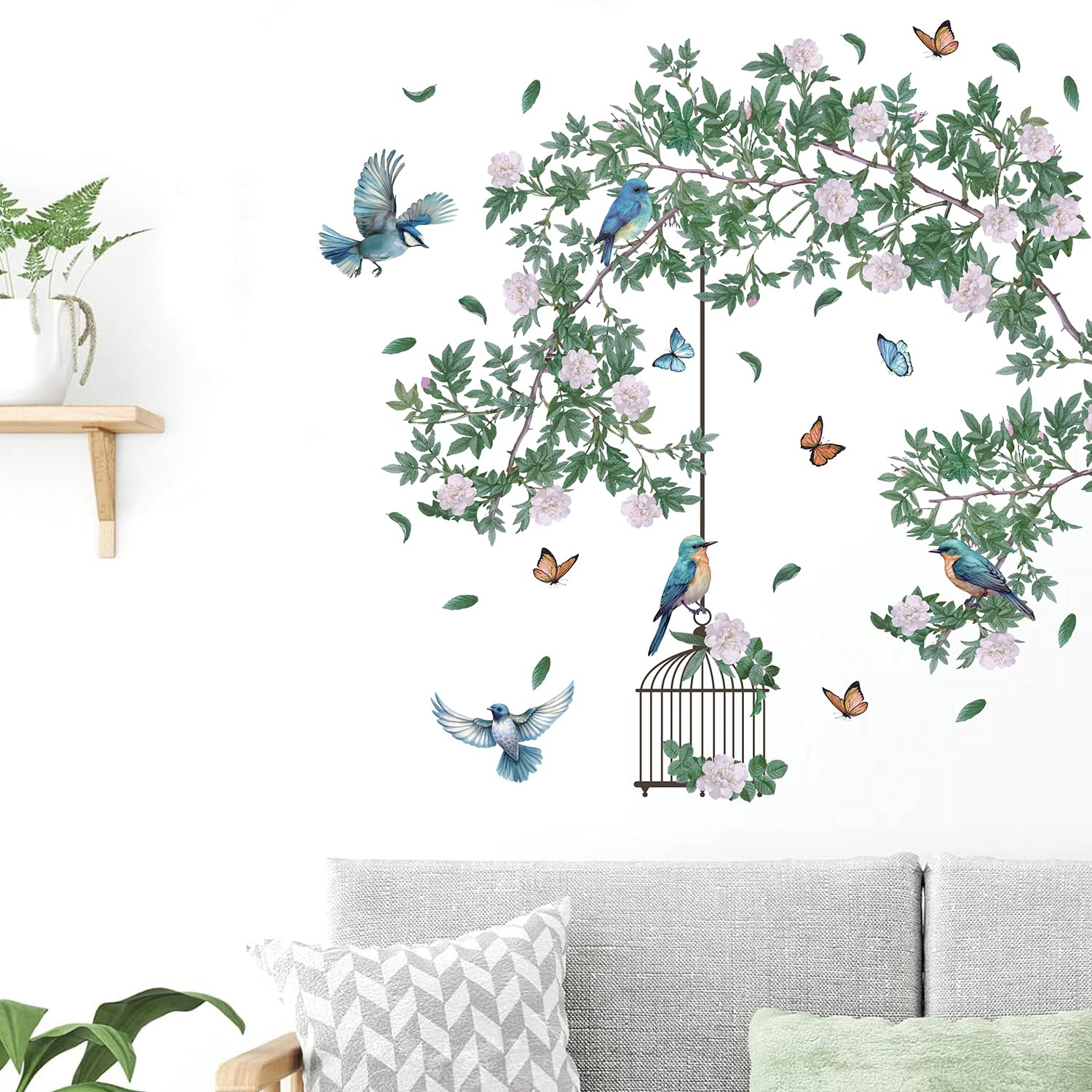 HPUINB Green Plants Birds Wall Stickers for Bedroom,Green Leaf Tropical Plants Wall Art Stickers for Living Room,Removable Palm Tree Leaves Wall Mural - Image 2