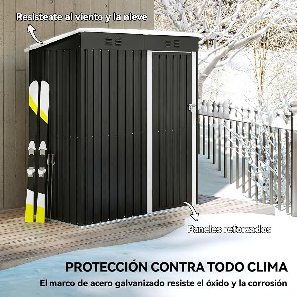 Outsunny Caseta de Jardín Exterior 1,37 m², 163x90x179 cm, Cobertizo de Jardín Exterior Metálico con Puerta con Pestillo y Ranuras de Ventilación, para Almacenamiento de Herramientas, Gris Oscuro - 4