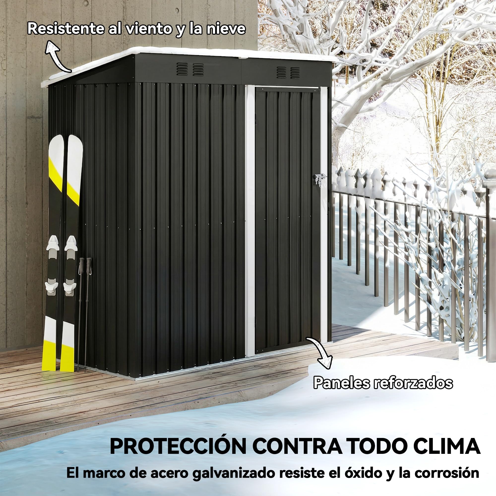 Outsunny Caseta de Jardín Exterior 1,37 m², 163x90x179 cm, Cobertizo de Jardín Exterior Metálico con Puerta con Pestillo y Ranuras de Ventilación, para Almacenamiento de Herramientas, Gris Oscuro - 4