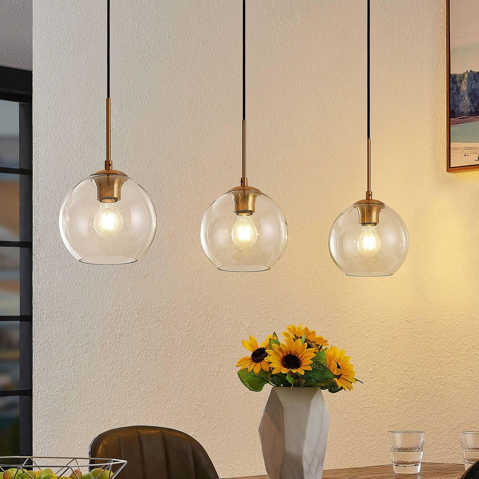 Lindby lámpara colgante en latón, transparente, luminaria suspendida | e27, 3 bombillas, moderno, vidrio para sala de estar, salón, comedor