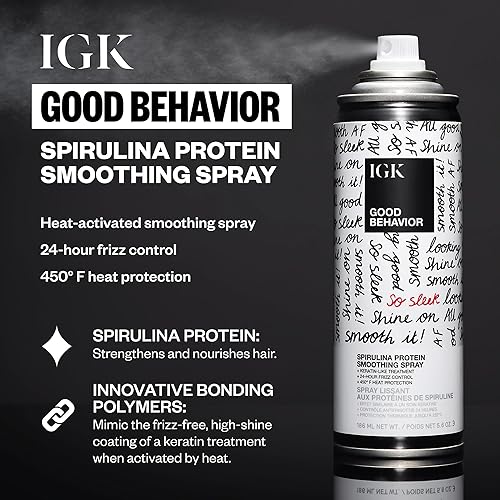 Miniatura 26 de IGK GOOD BEHAVIOR Spirulina Protein Smoothing Spray Tratamiento similar a la queratina + control de encrespamiento + protector de calor Vegano +
