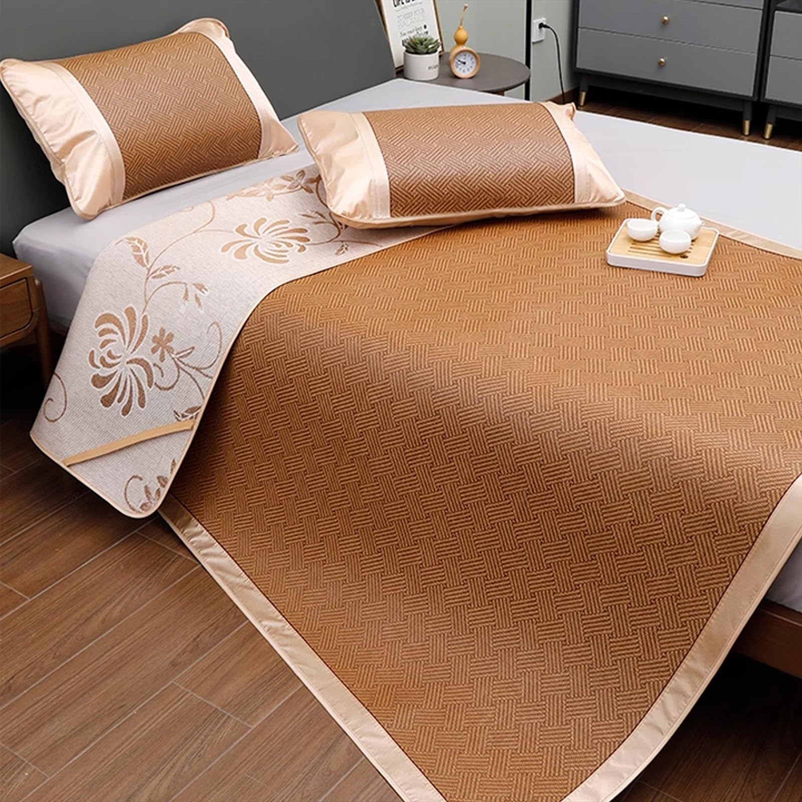 Lot de 2 ou 3 tapis de couchage d'été en bambou, matelas de sol en rotin pour chambre à coucher et salon, respectueux de l'environnement, portable, 150 x 195 cm, parfait pour temps chaud