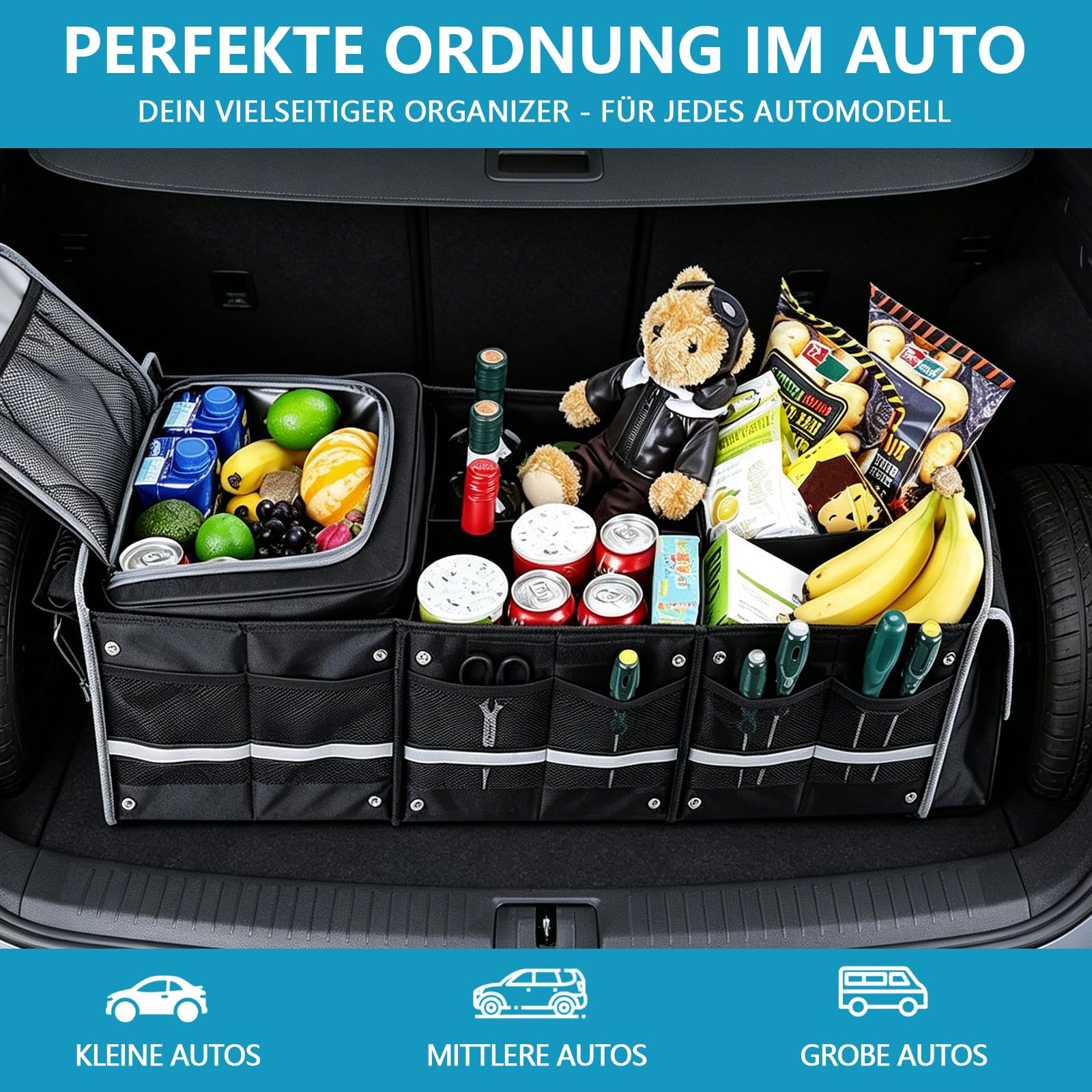 Organizer per bagagliaio extra grande da 94,5 l, con borsa termica da 18 l, pieghevole, con 5 scomparti, coperchio pieghevole e spallacci regolabili