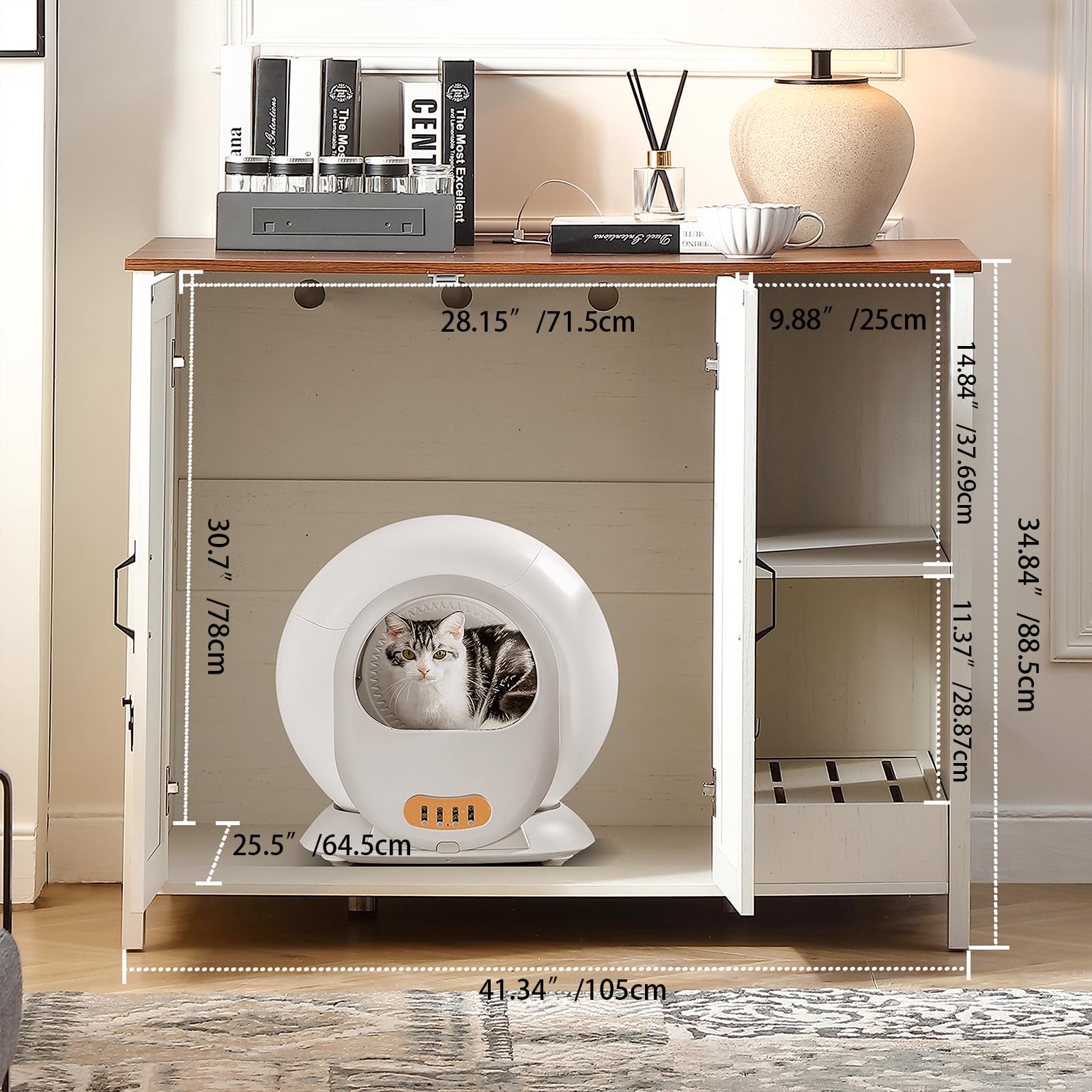 FOREST GRAVITY Cat Cabinet Litter Box Furniture Mobiletto per gatti lettiere Grande lettiera per gatti Arredamento moderno 105 * 68 * 89 cm Casa con porta e divisorio separato Bianco