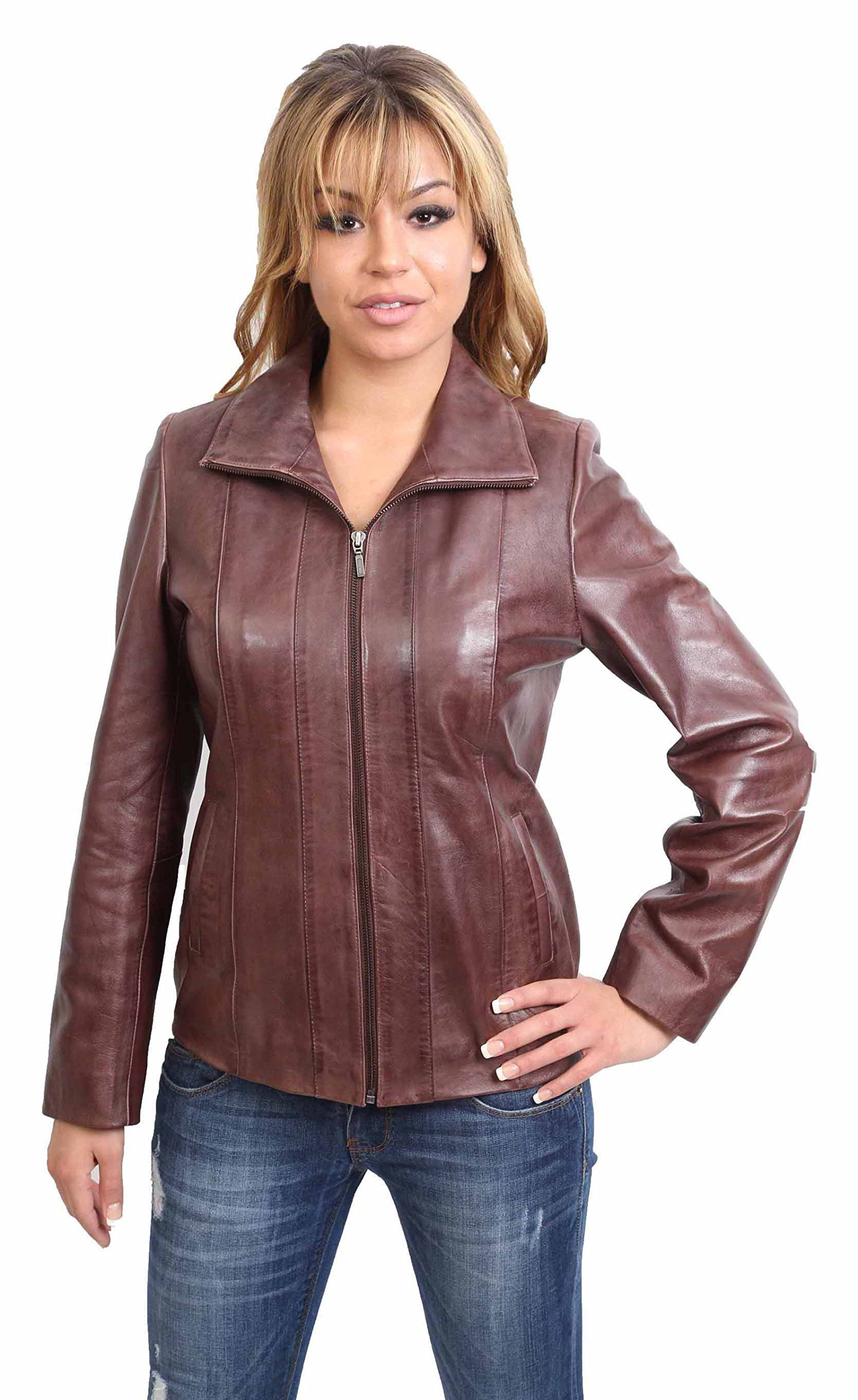 Womens Classic Zip Up Real Leather Jacket Ladies Semi Fitted Lambskin Coat JULIA Brown (14)