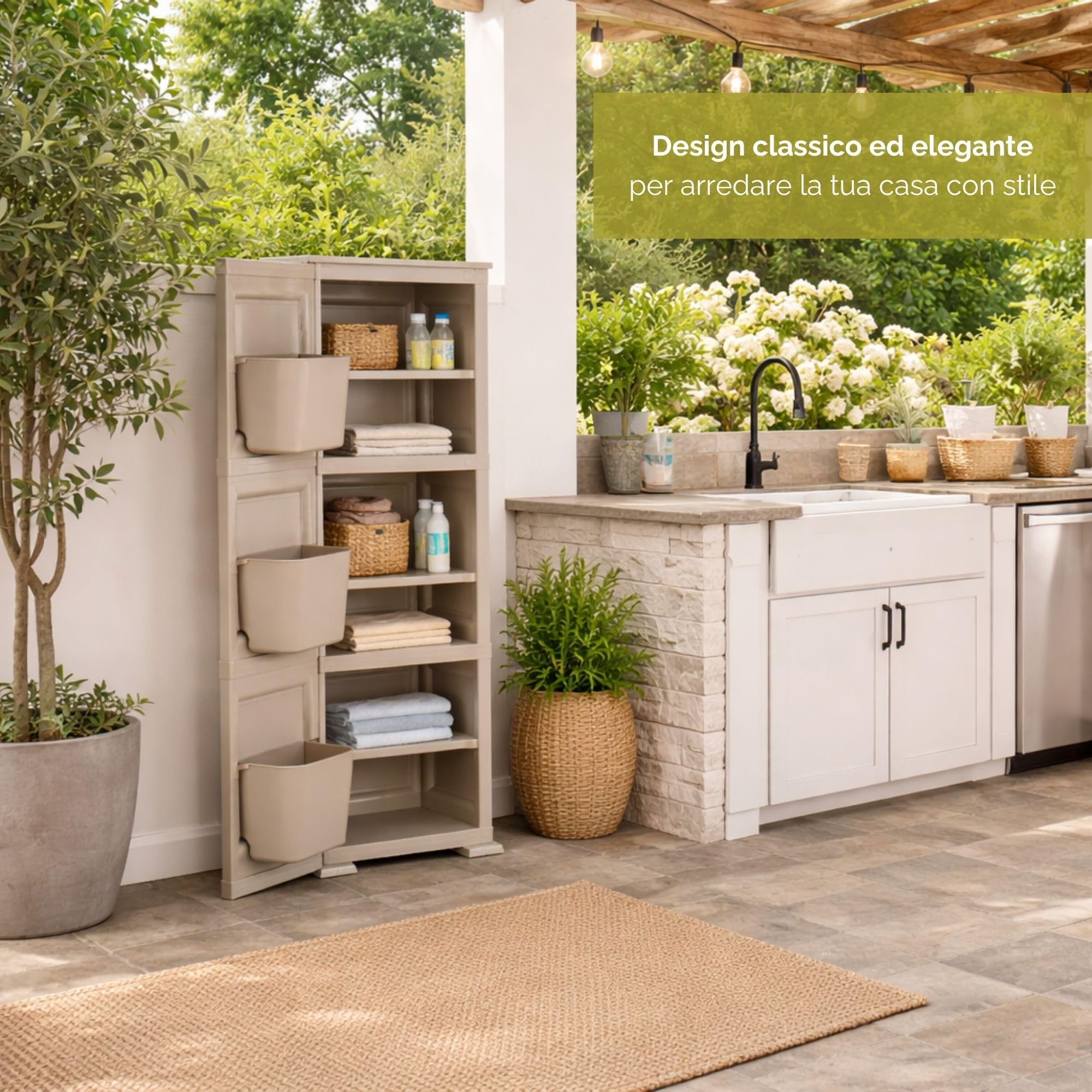 Armadio a Colonna in Plastica 40 x 43 x 125 cm con 3 Moduli, Anta e 3 Tasche Laterali – Mobile Multiuso Salvaspazio per Organizzazione Casa (Taupe)