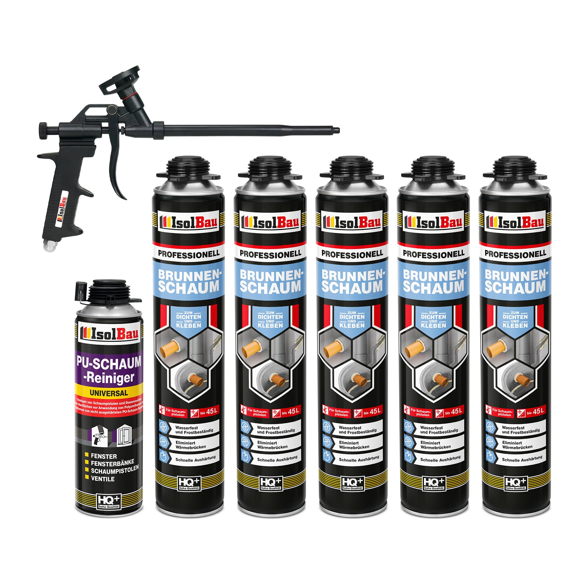 Isolbau - Brunnenschaum 1K Bauschaum Wasserdicht Aussen und Innen - 5 x Montageschaum 750 ml, 1 x PU-Schaum-Reiniger & 1 x Schaumpistole - PU-Schaum - Pistolenschaum Dämmschaum Isolierschaum