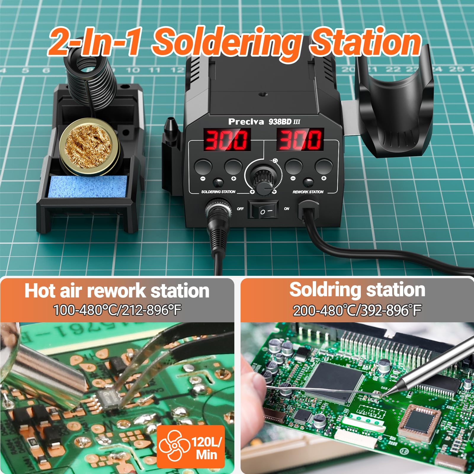 Preciva Lötstation 938BD III 775W Heißluft-Ausbesserungsstation Dual-Digital-Display Zwei-in-Eins-Workstation 200℃-480℃ Lötstation Set