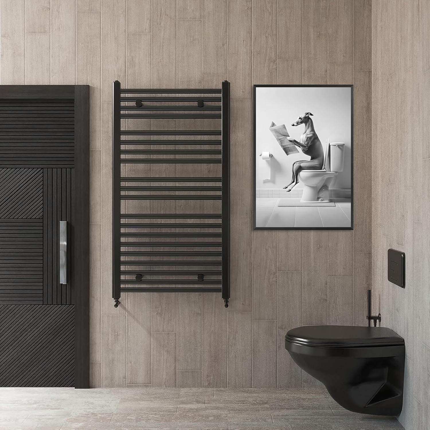 ADRHGCY Funny Greyhound Posters Petshop Wall Art Animal In Toilet Dog Sitting On Toilet And Reading Newspaper Prints Painting For Bathroom Home Bedroom Dorm Wall Decor 12x16in Framed