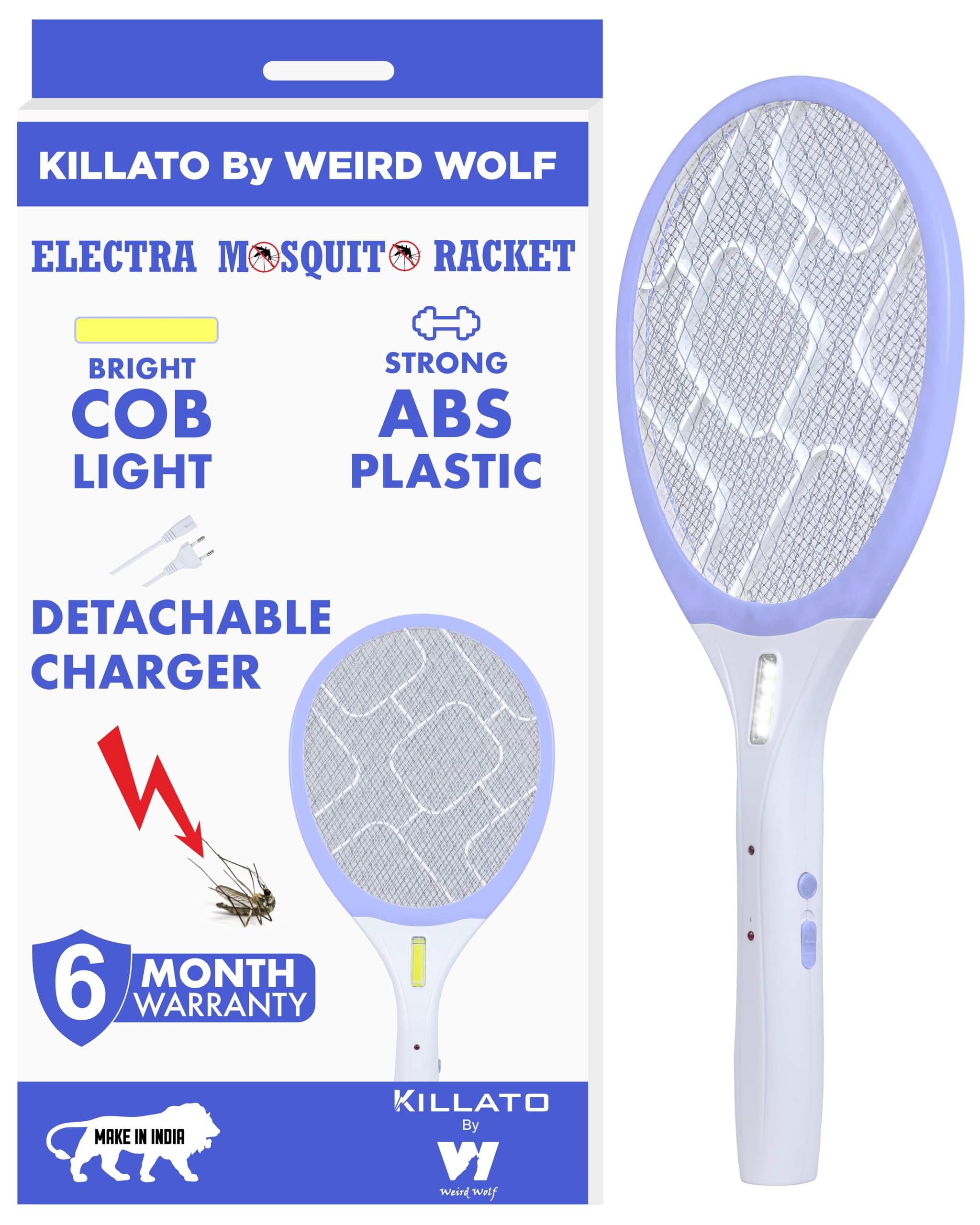 Killato Rechargeable Electric Fly Swatter Mosquito Racket Bat with COB Light | Long Battery Life | Made in India (Purple)
