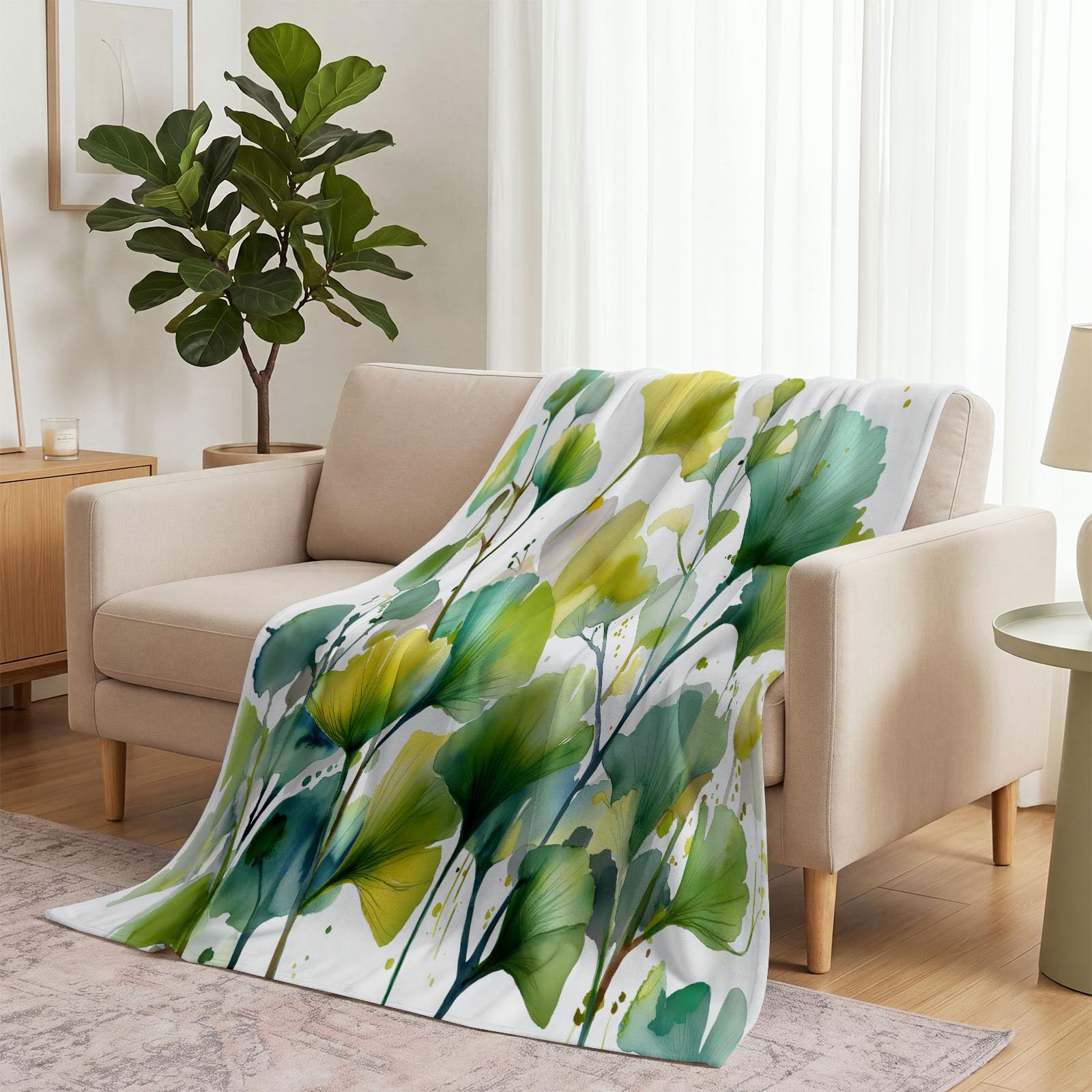 Narzuta z polaru flanelowego, akwarelowa, podwójna, 200 x 220 cm, naturalne liście miłorzębu, miękki, przytulny, flanelowy, narzuta na łóżko i kanapę, lekka pościel dla dzieci i dorosłych, zielony